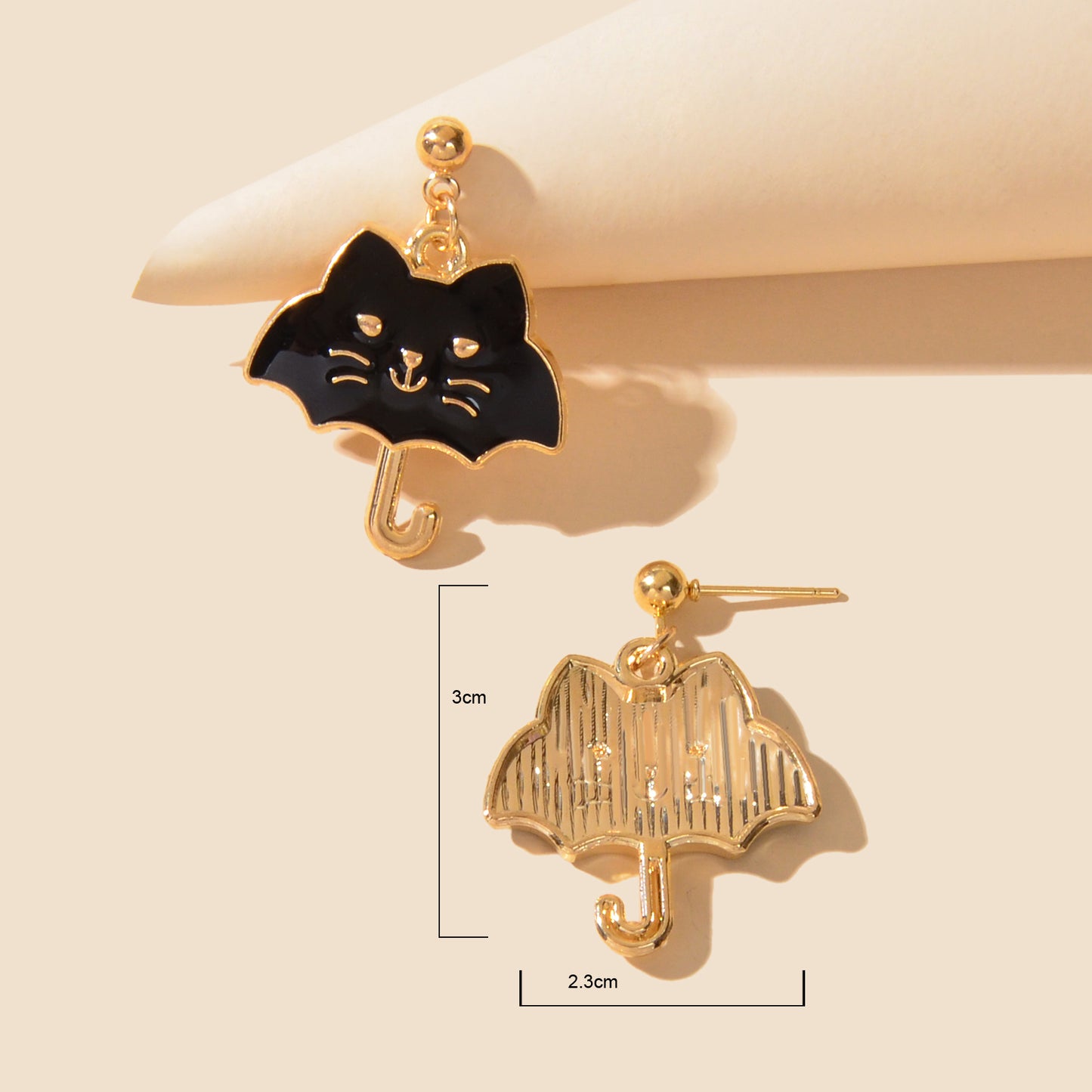 Cute Funny Black White Enamel Umbrella Cat Cartoon Animal Kitten Stud Earrings