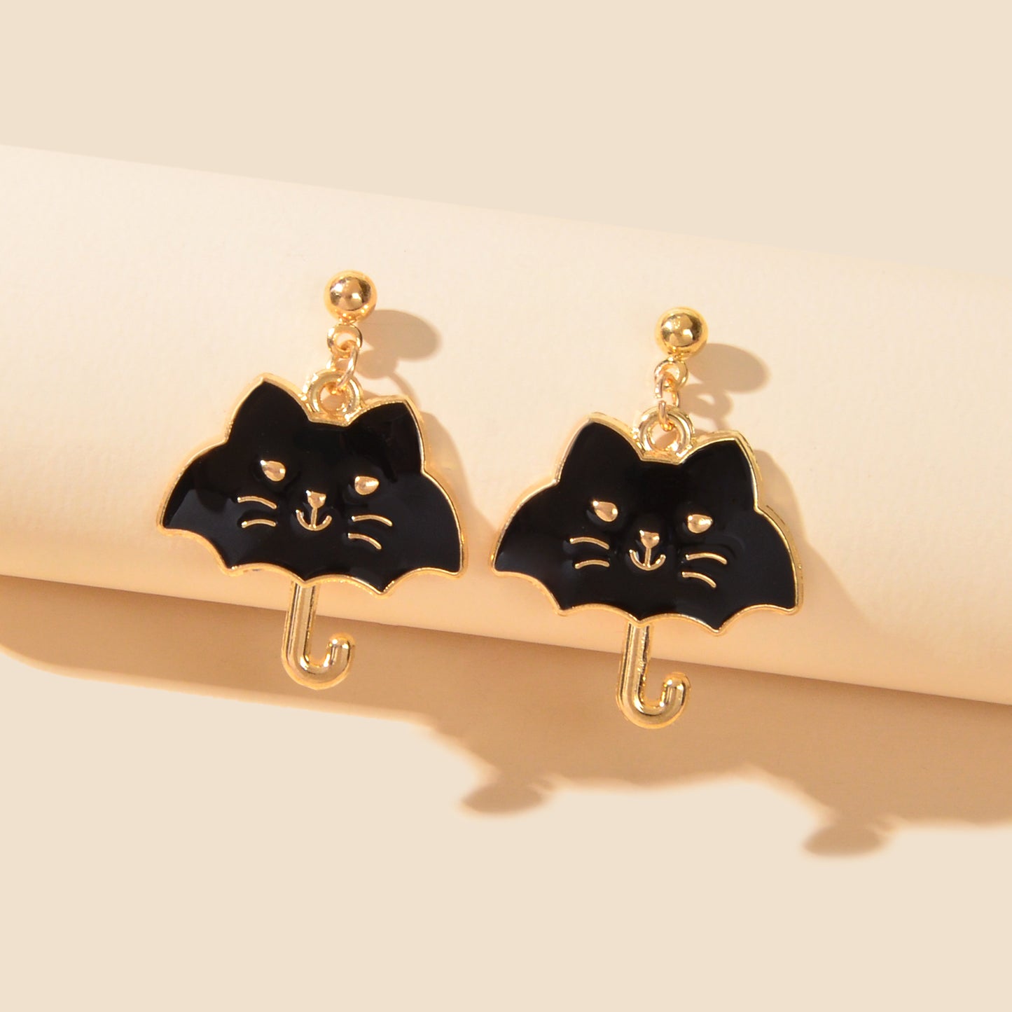Cute Funny Black White Enamel Umbrella Cat Cartoon Animal Kitten Stud Earrings
