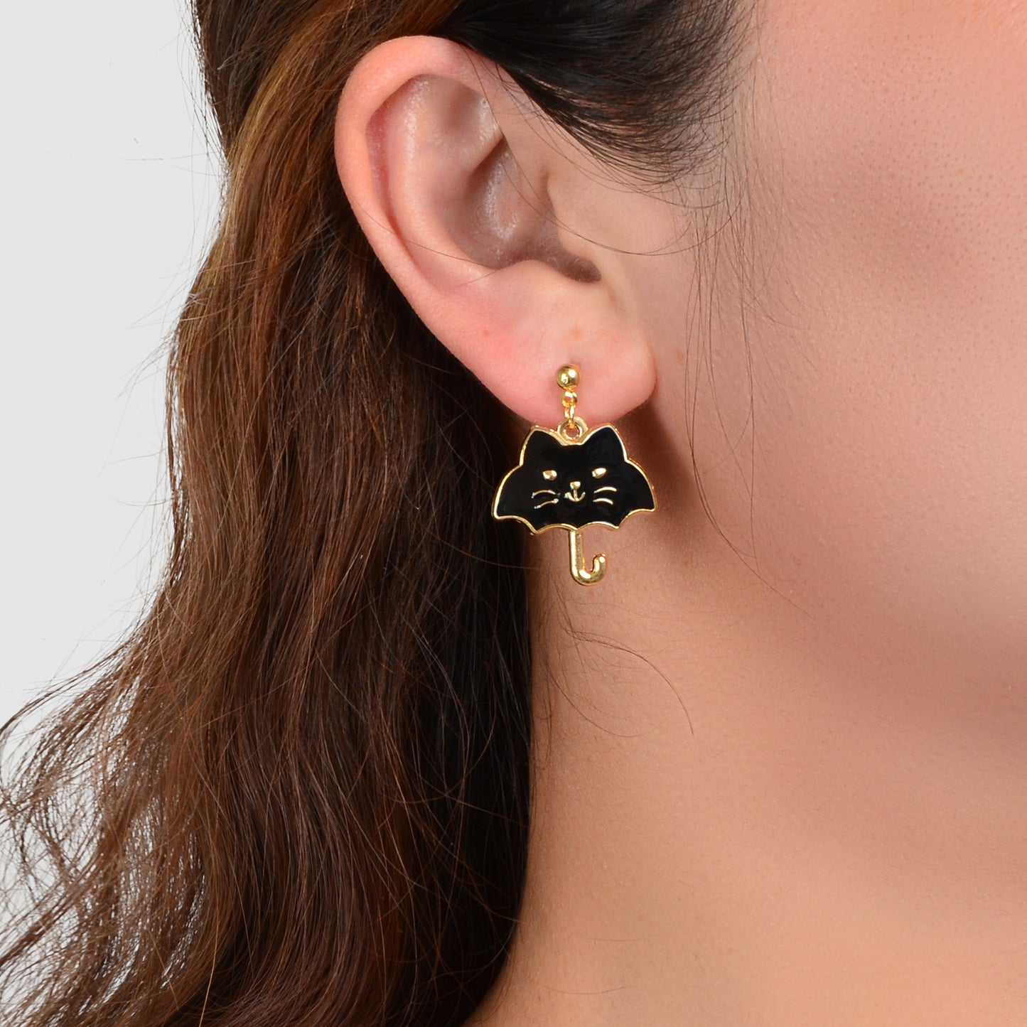 Cute Funny Black White Enamel Umbrella Cat Cartoon Animal Kitten Stud Earrings