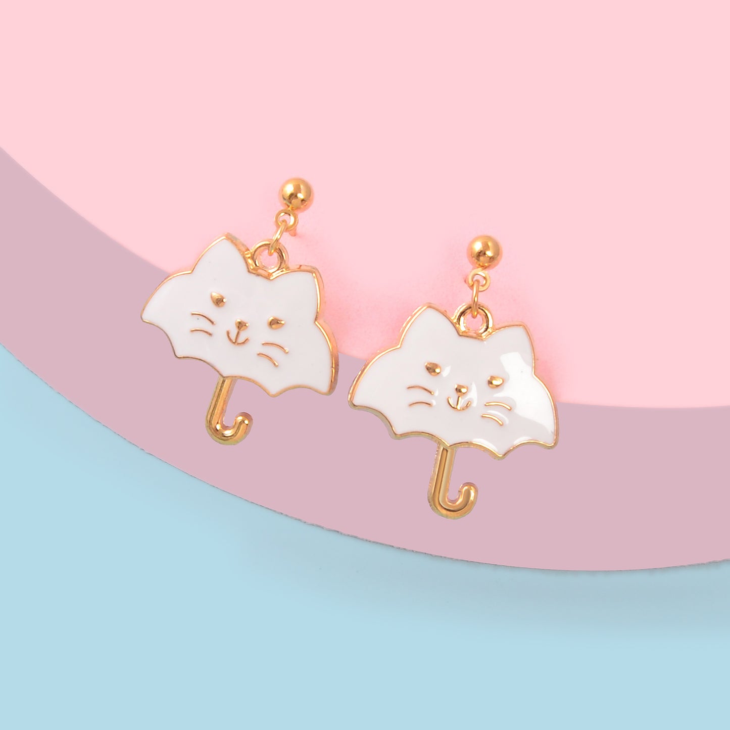 Cute Funny Black White Enamel Umbrella Cat Cartoon Animal Kitten Stud Earrings