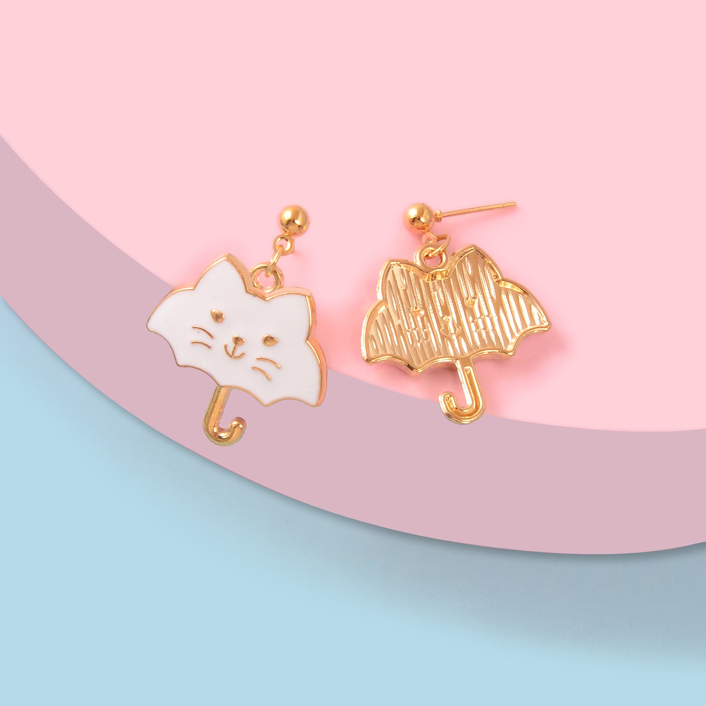 Cute Funny Black White Enamel Umbrella Cat Cartoon Animal Kitten Stud Earrings