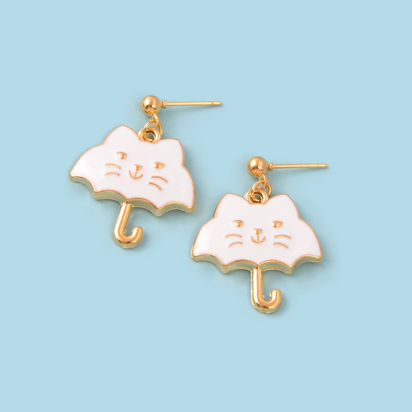 Cute Funny Black White Enamel Umbrella Cat Cartoon Animal Kitten Stud Earrings