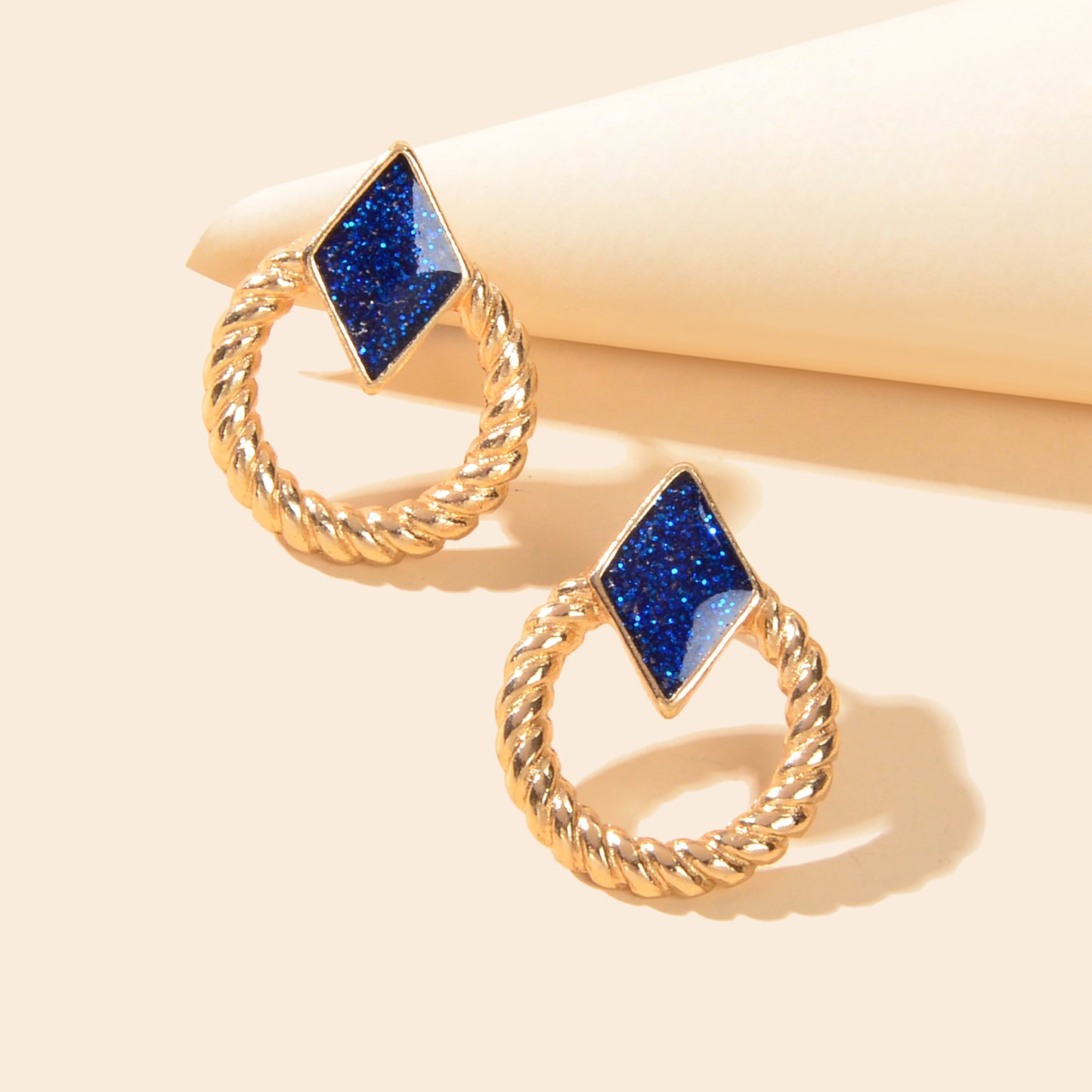 Designer Stylish Jewellery Gold Circle Blue Enamel Rhombus Stud Female Earrings