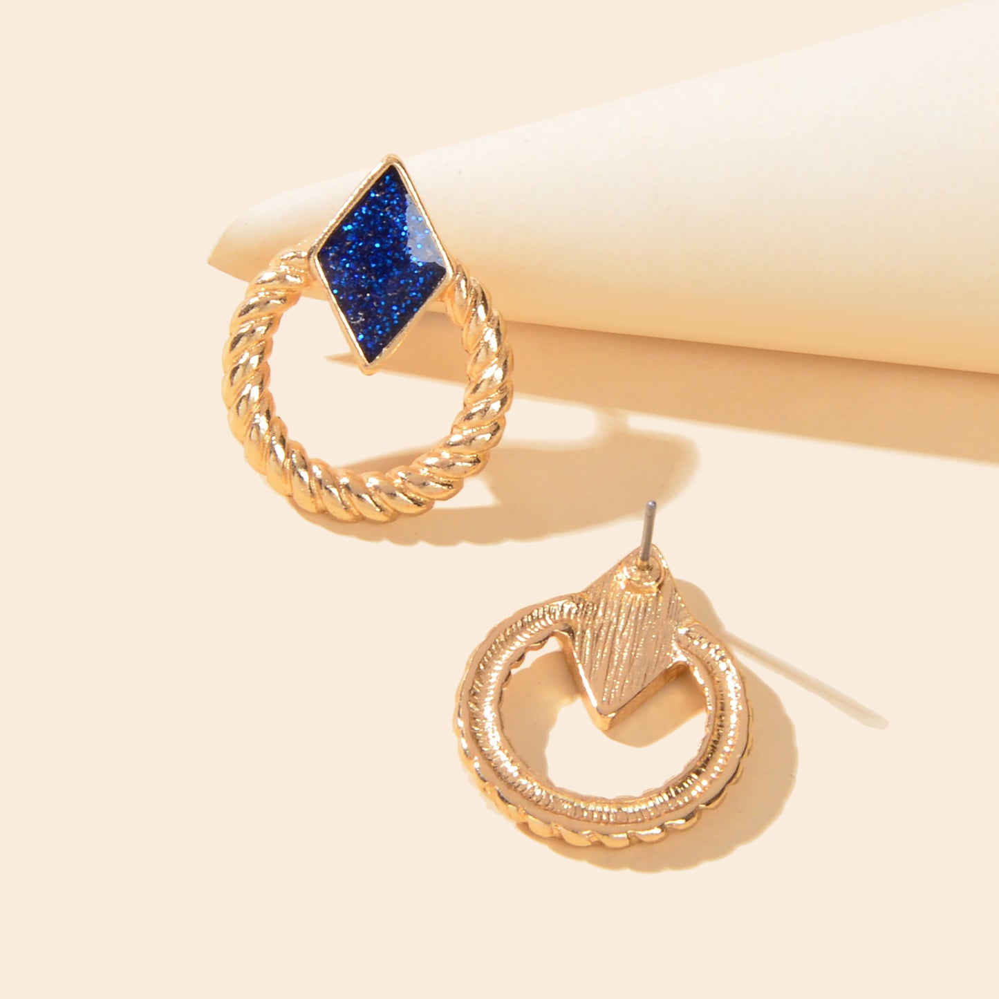 Designer Stylish Jewellery Gold Circle Blue Enamel Rhombus Stud Female Earrings