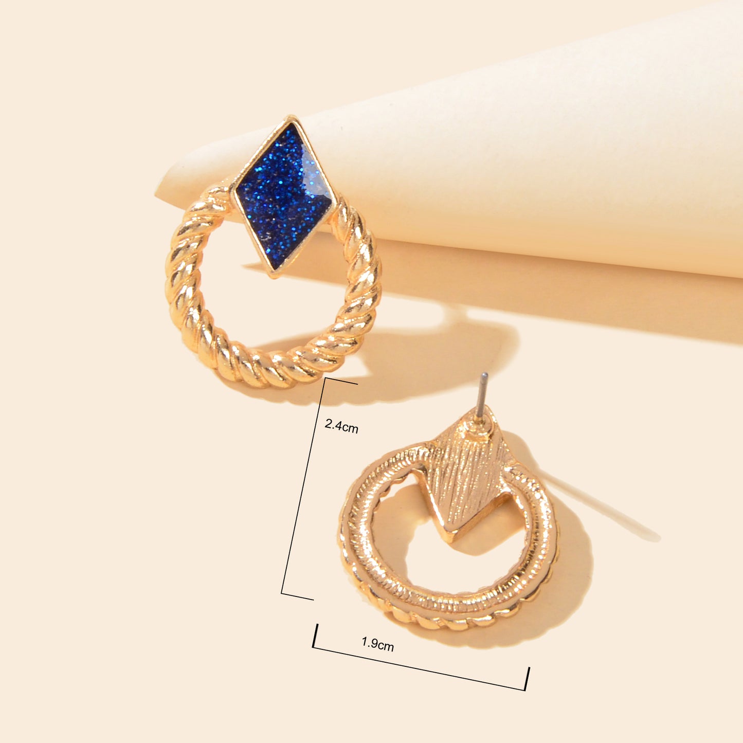 Designer Stylish Jewellery Gold Circle Blue Enamel Rhombus Stud Female Earrings