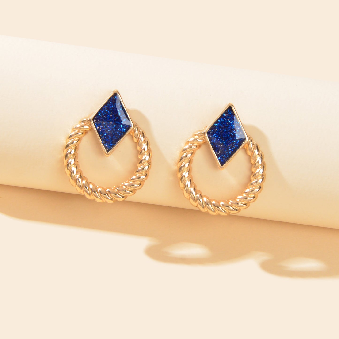 Designer Stylish Jewellery Gold Circle Blue Enamel Rhombus Stud Female Earrings