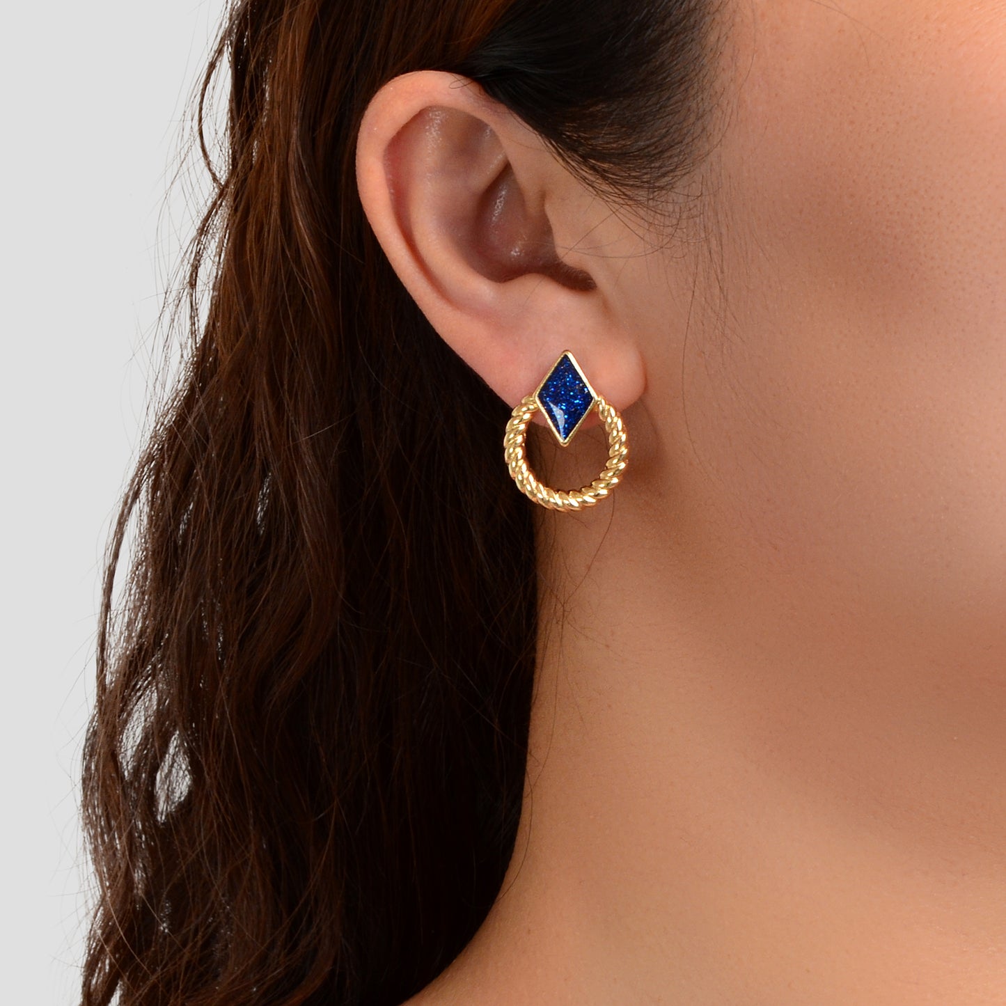 Designer Stylish Jewellery Gold Circle Blue Enamel Rhombus Stud Female Earrings