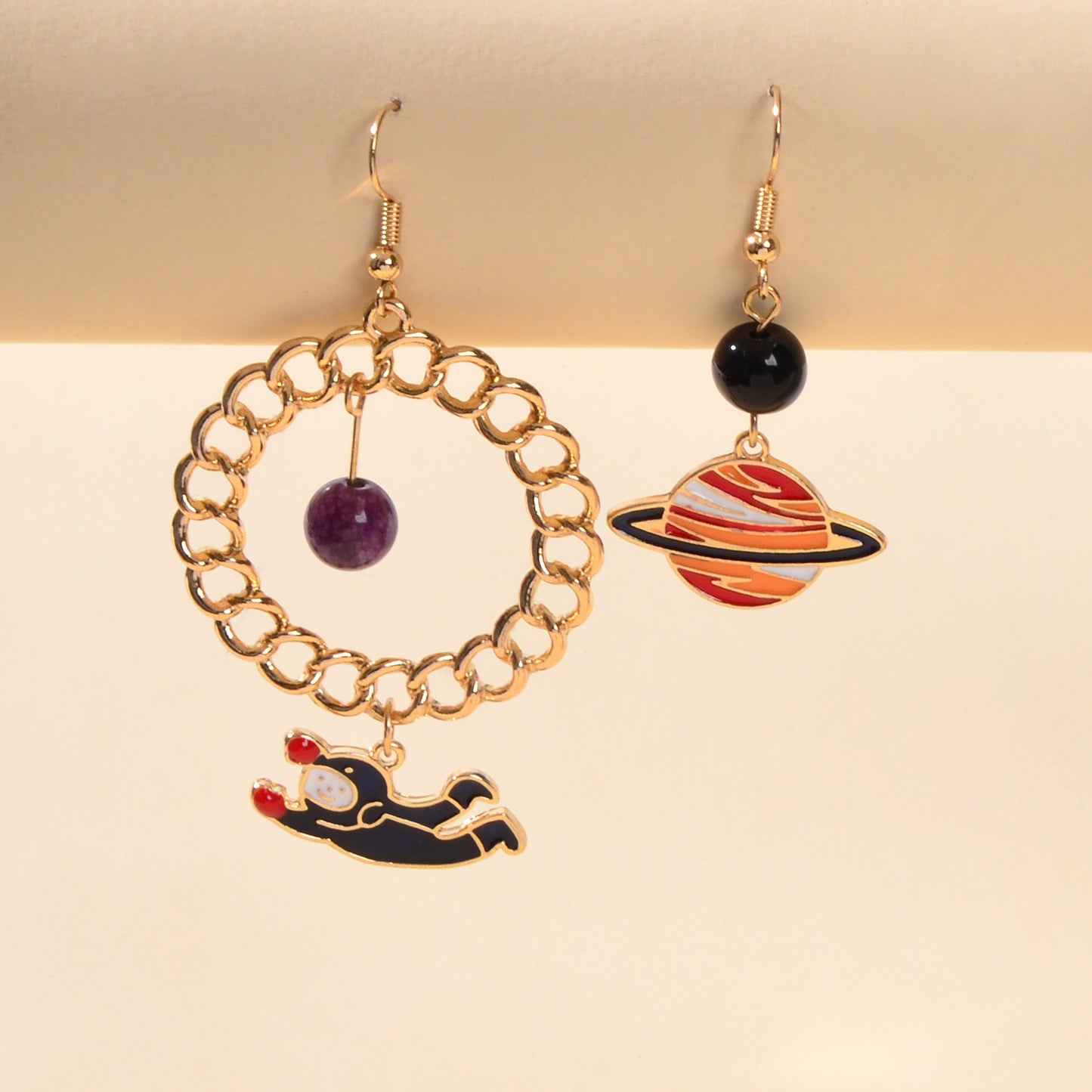 Funny Cute Outer Space Asymmetric Circle Bead Blue Red Planet Astronaut Earrings