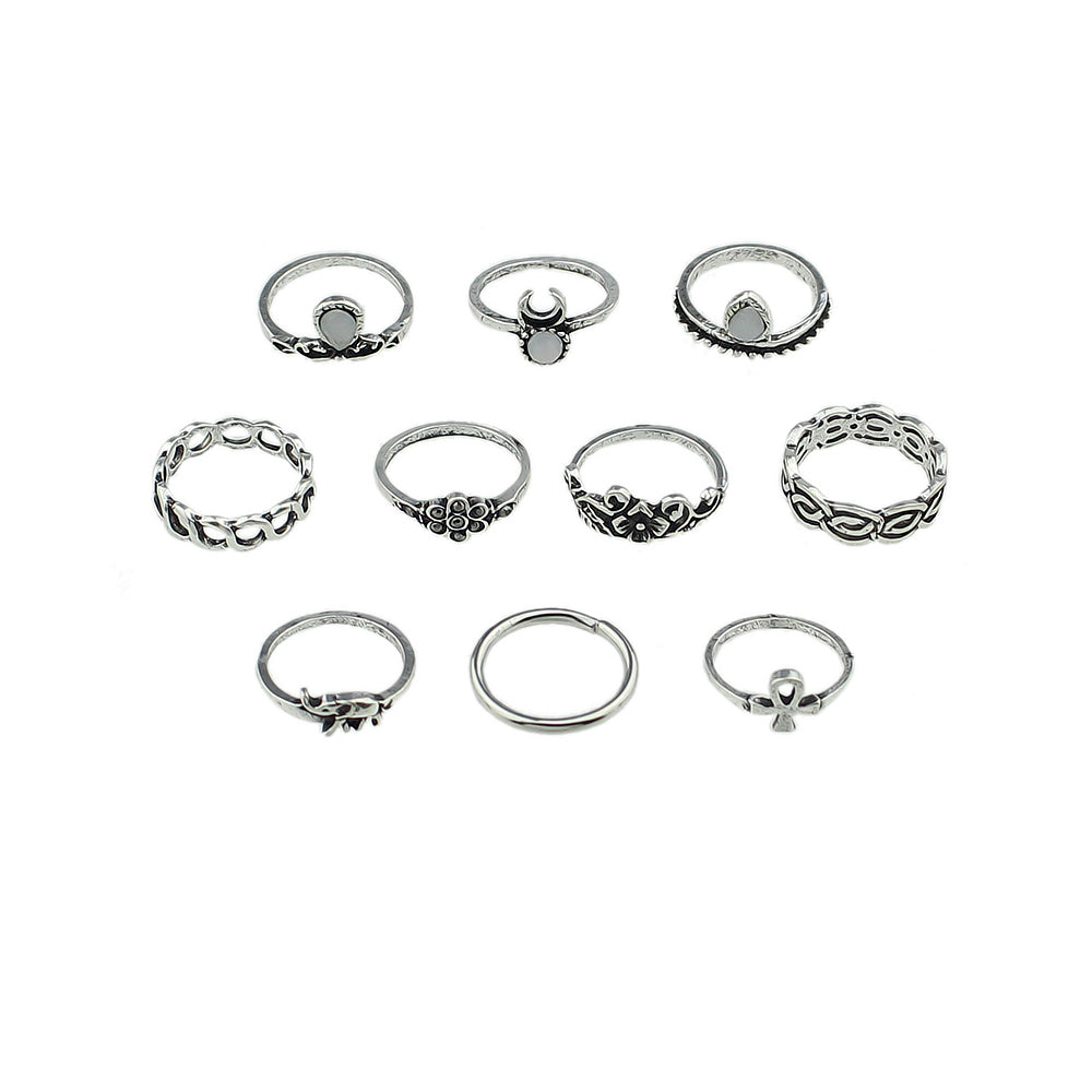Stackable 10 pcs Tribal Ethnic Flower Elephant Vintage Multiple Finger Ring set