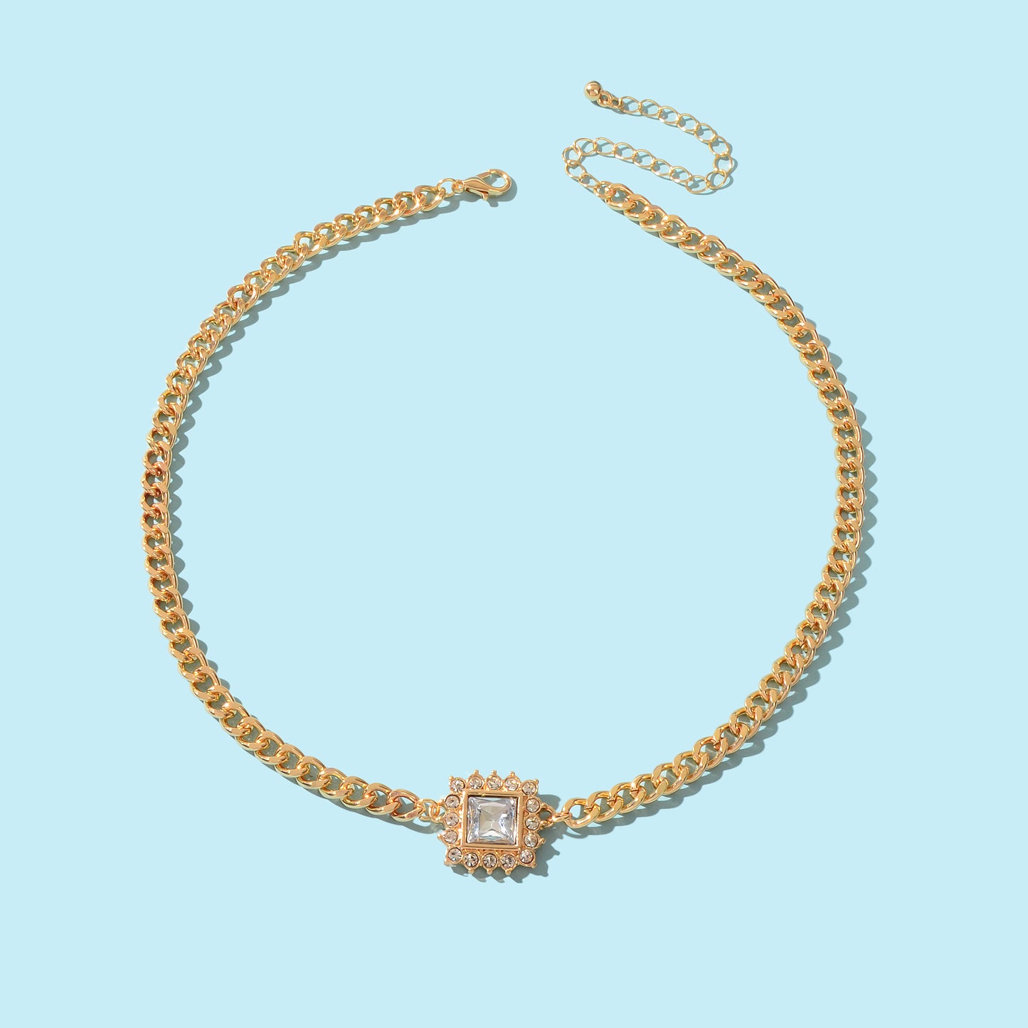 Stylish Party Jewelry Gold Thick Chain Rhinestone Decor Square Pendant Necklace