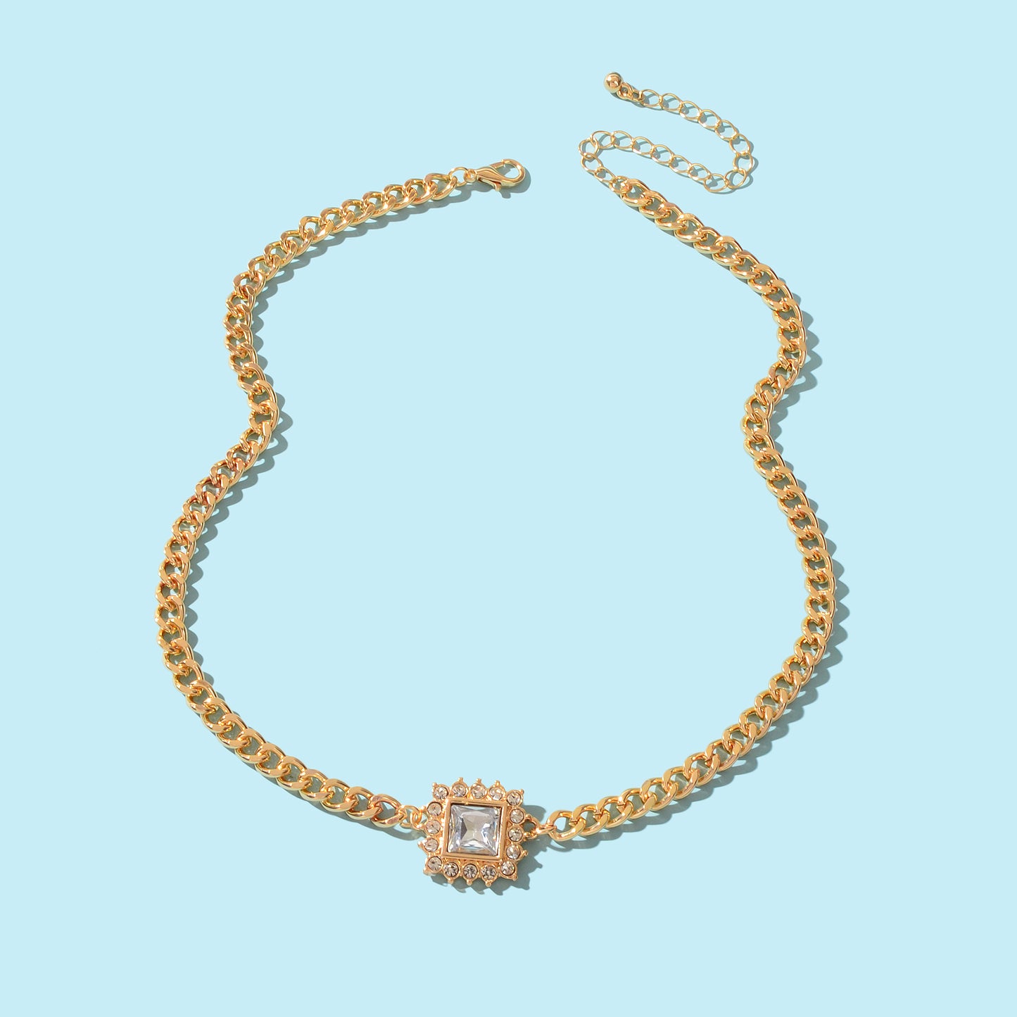 Stylish Party Jewelry Gold Thick Chain Rhinestone Decor Square Pendant Necklace