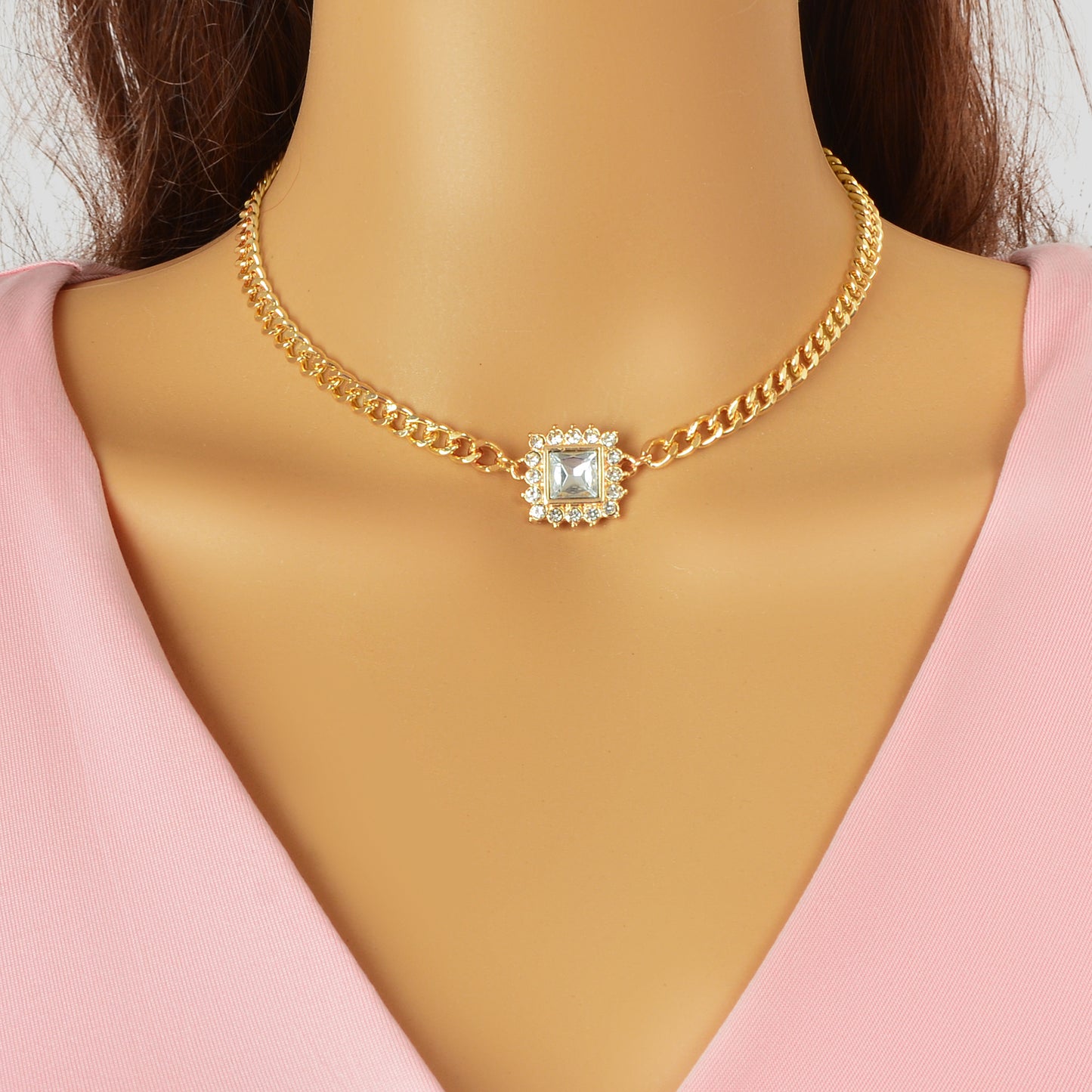 Stylish Party Jewelry Gold Thick Chain Rhinestone Decor Square Pendant Necklace