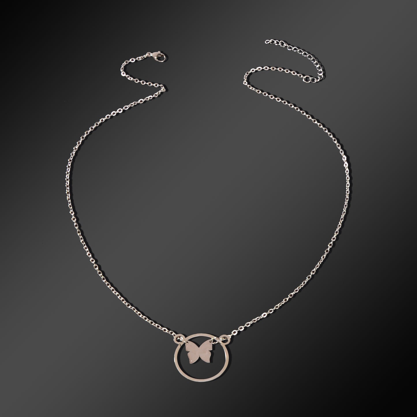 Dainty Party Gift Jewelry Silvery Chain Butterfly Circle Pendant Necklace for Women