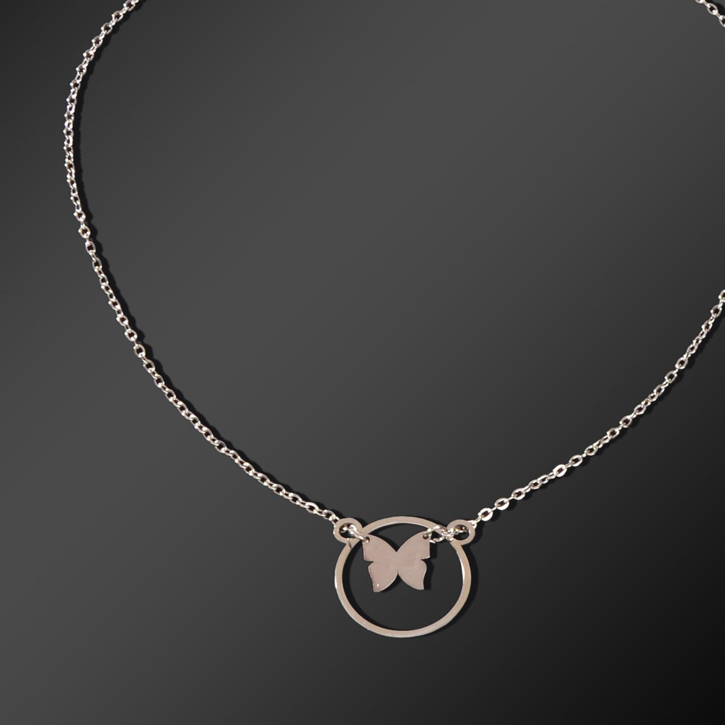 Dainty Party Gift Jewelry Silvery Chain Butterfly Circle Pendant Necklace for Women
