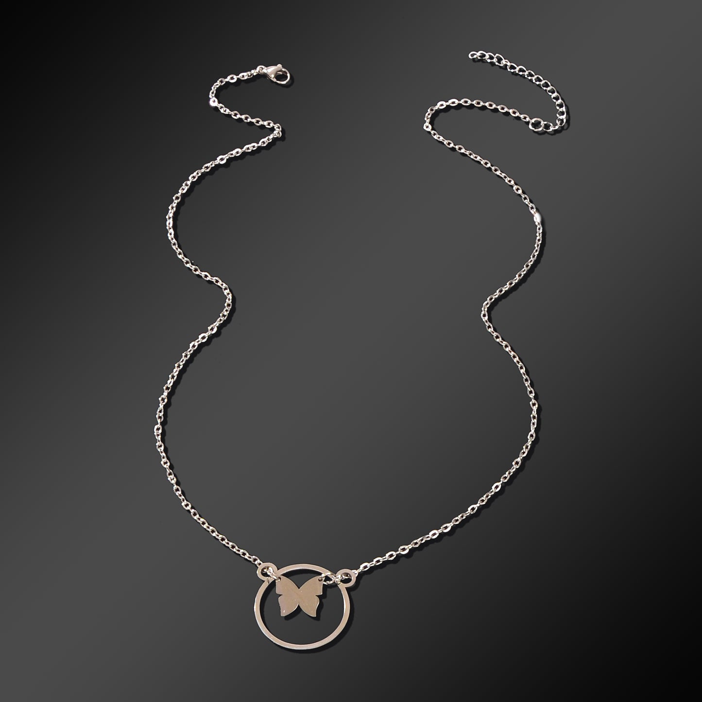 Dainty Party Gift Jewelry Silvery Chain Butterfly Circle Pendant Necklace for Women