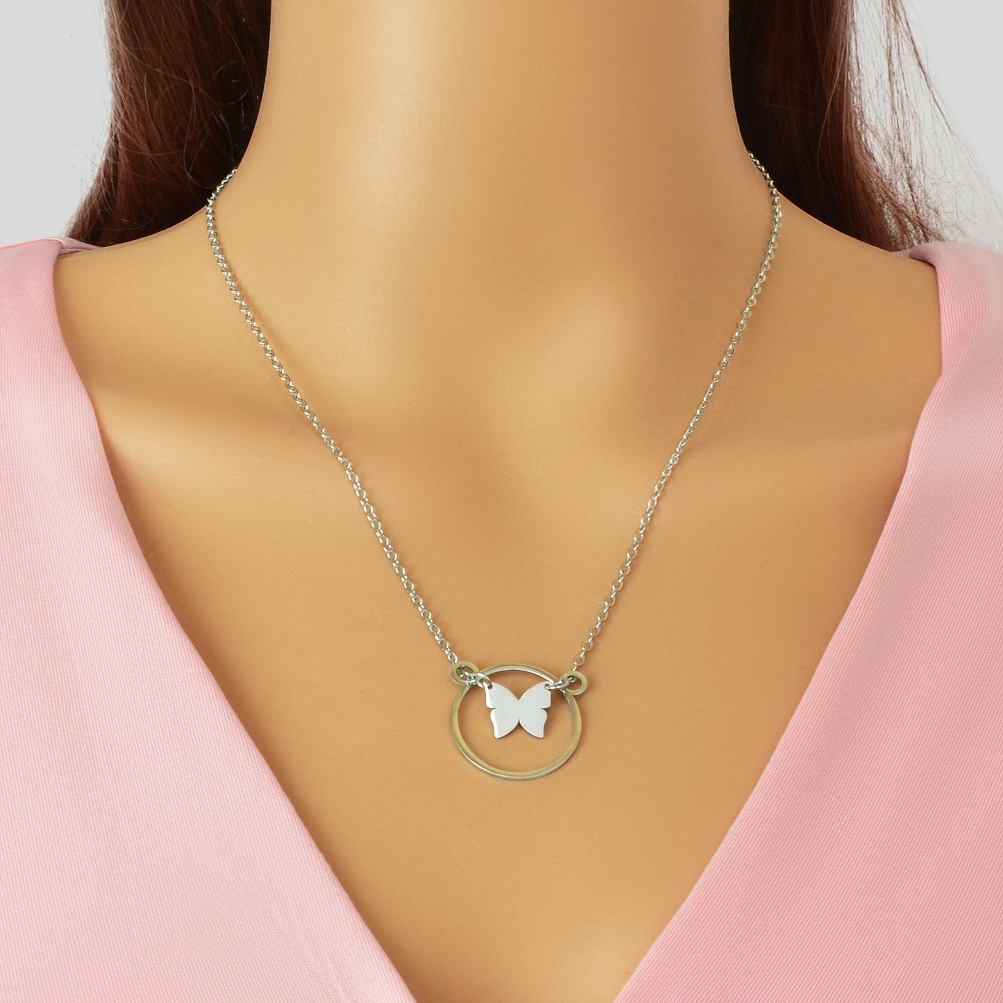 Dainty Party Gift Jewelry Silvery Chain Butterfly Circle Pendant Necklace for Women