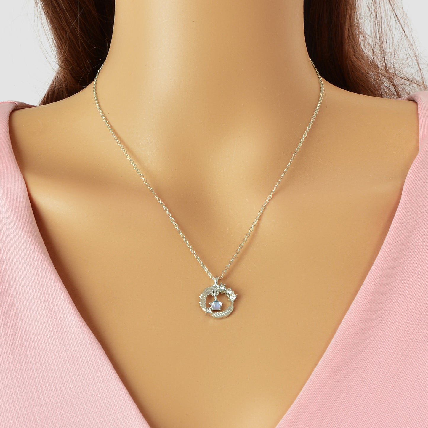Festival Jewelry Gift Silvery Chain Rhinestone Decor Circle Pendant Necklace for Women