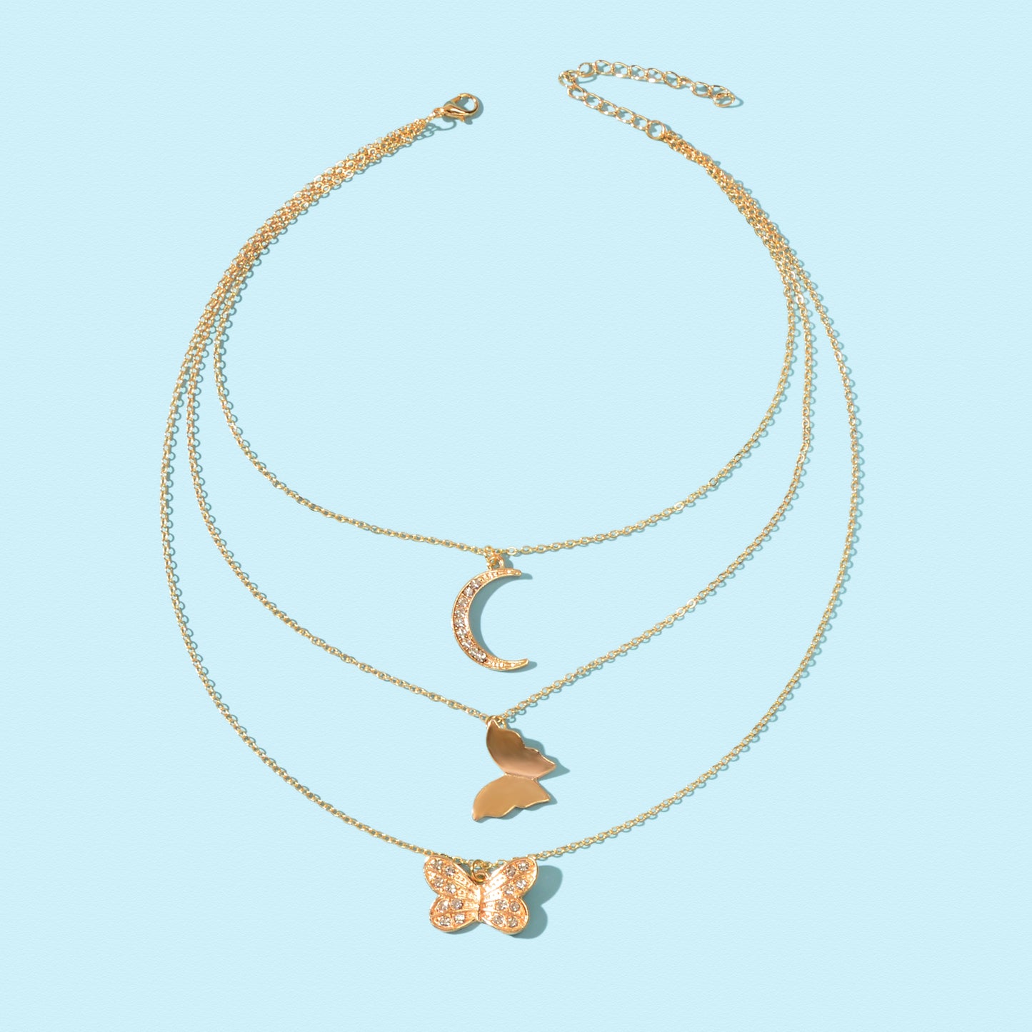 High Quality Layered Golden Chain Rhinestone Decor Butterfly Moon Pendant Necklace