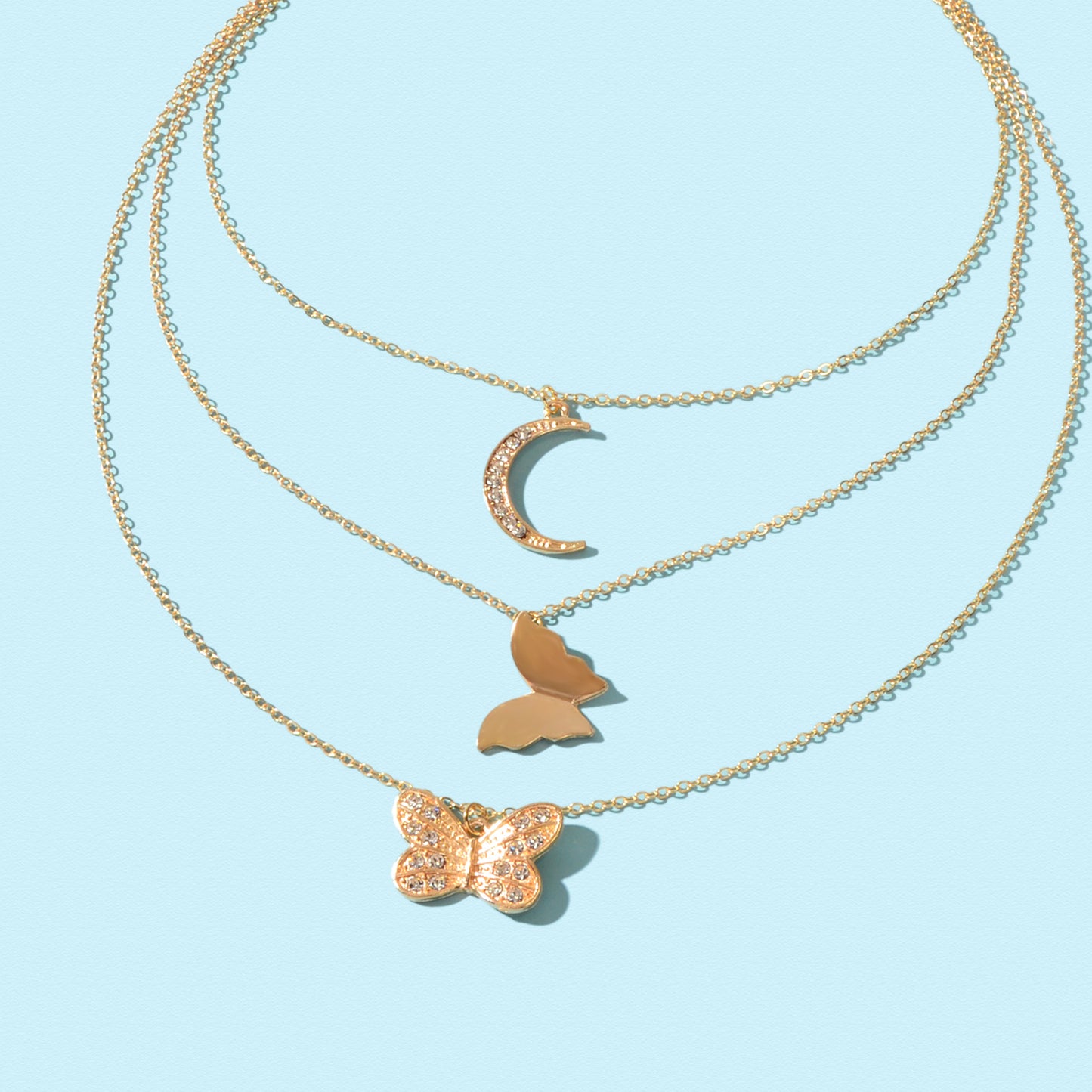 High Quality Layered Golden Chain Rhinestone Decor Butterfly Moon Pendant Necklace
