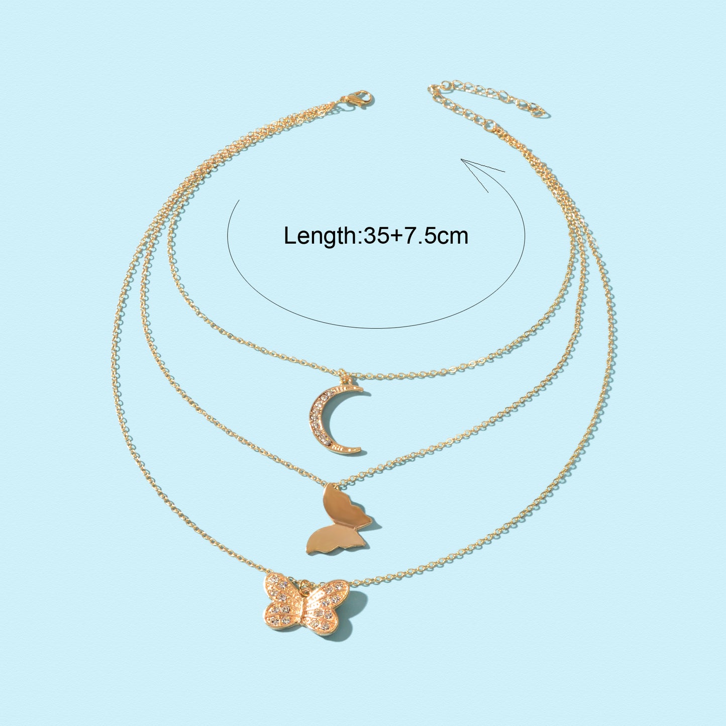 High Quality Layered Golden Chain Rhinestone Decor Butterfly Moon Pendant Necklace