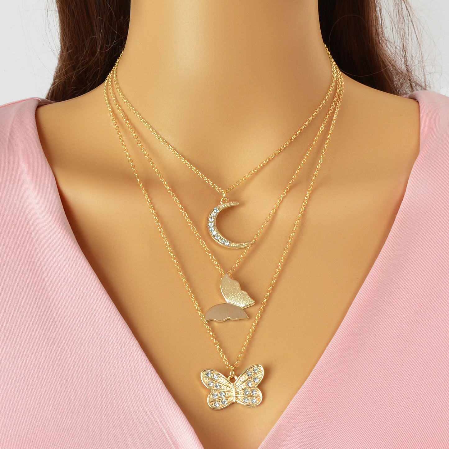 High Quality Layered Golden Chain Rhinestone Decor Butterfly Moon Pendant Necklace