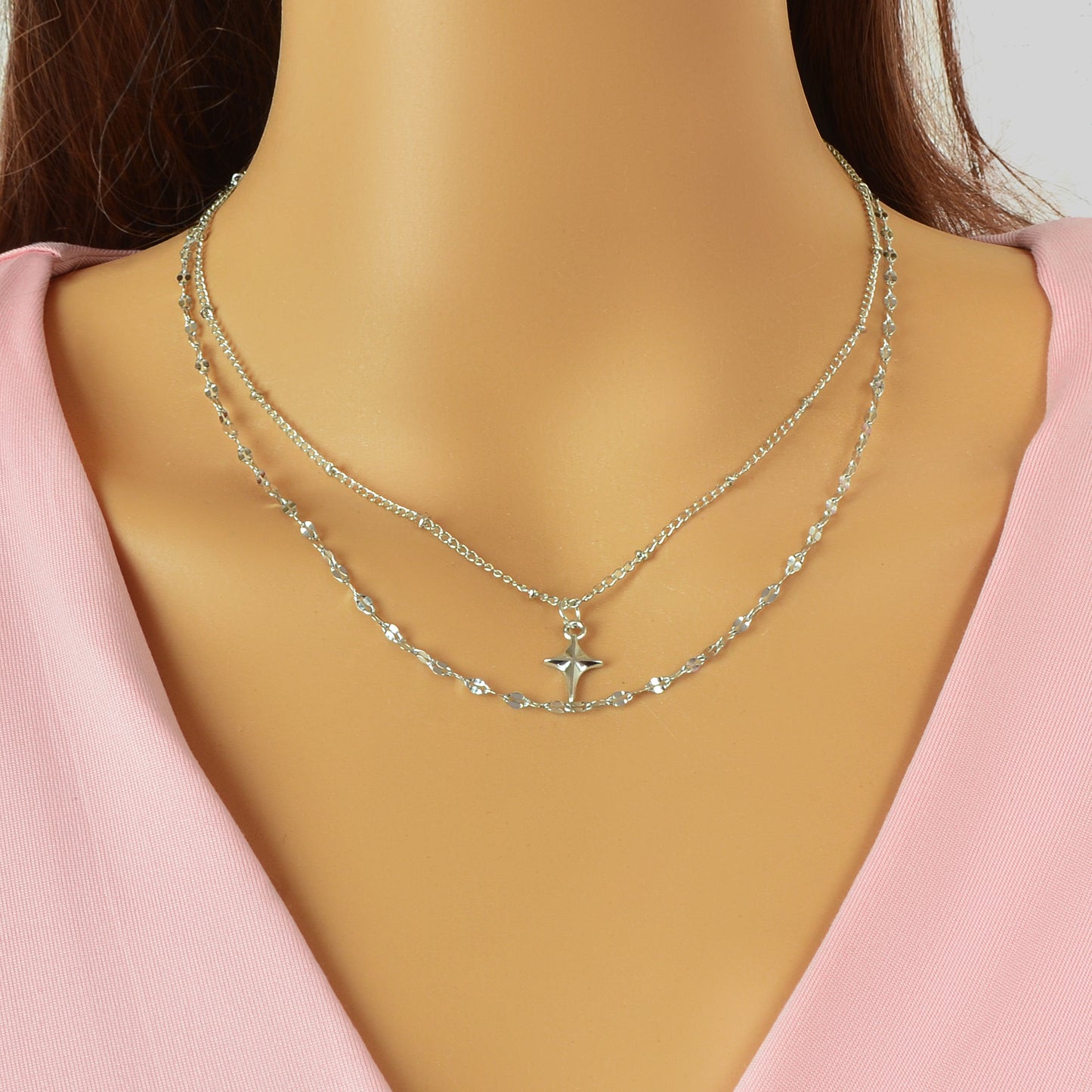 Fashion Jewelry Double layer Silvery Chain Star Pendant Necklace for Women