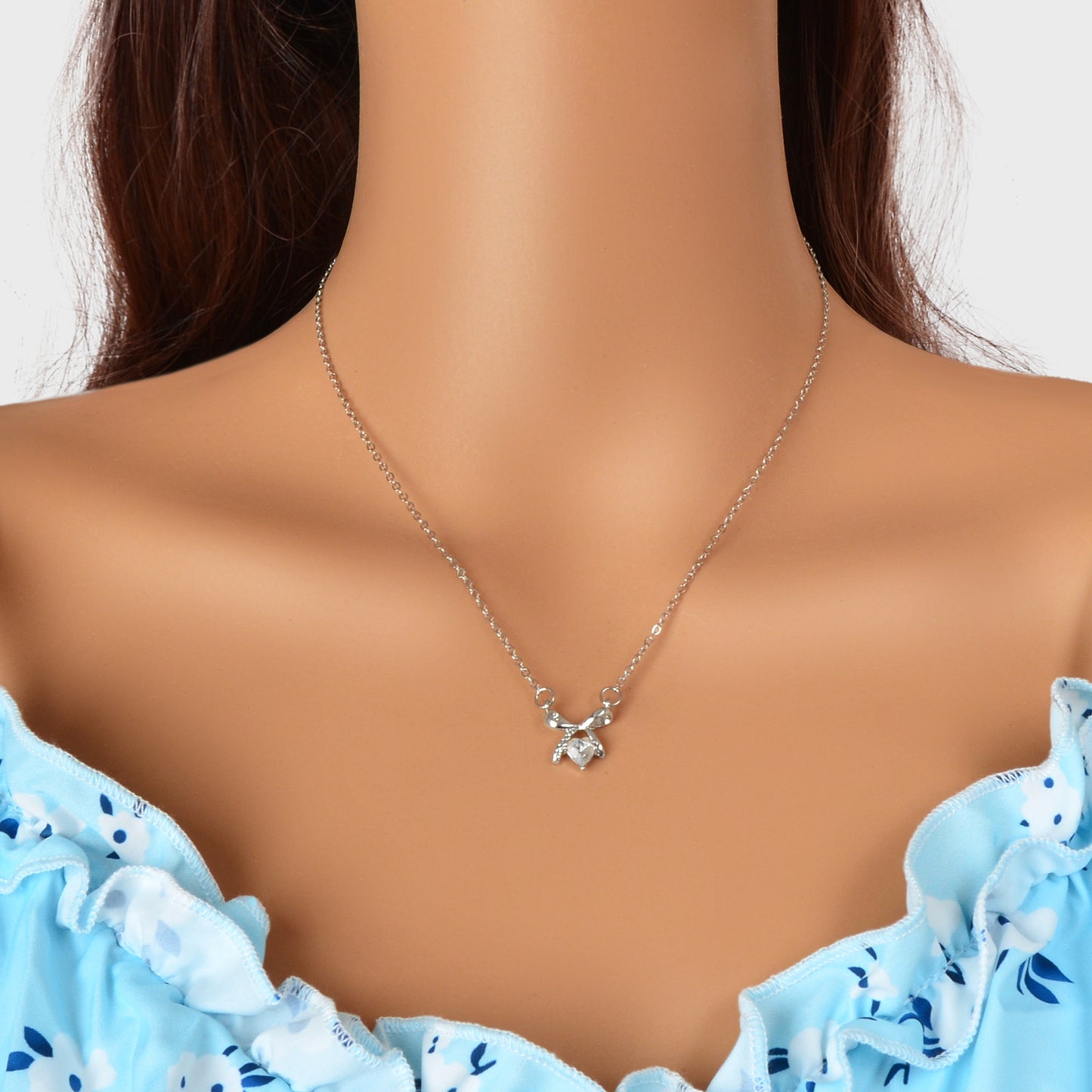 Wedding Bridal Jewelry Silver Bowknot Heart Rhinestone Charm Clavicle Necklace
