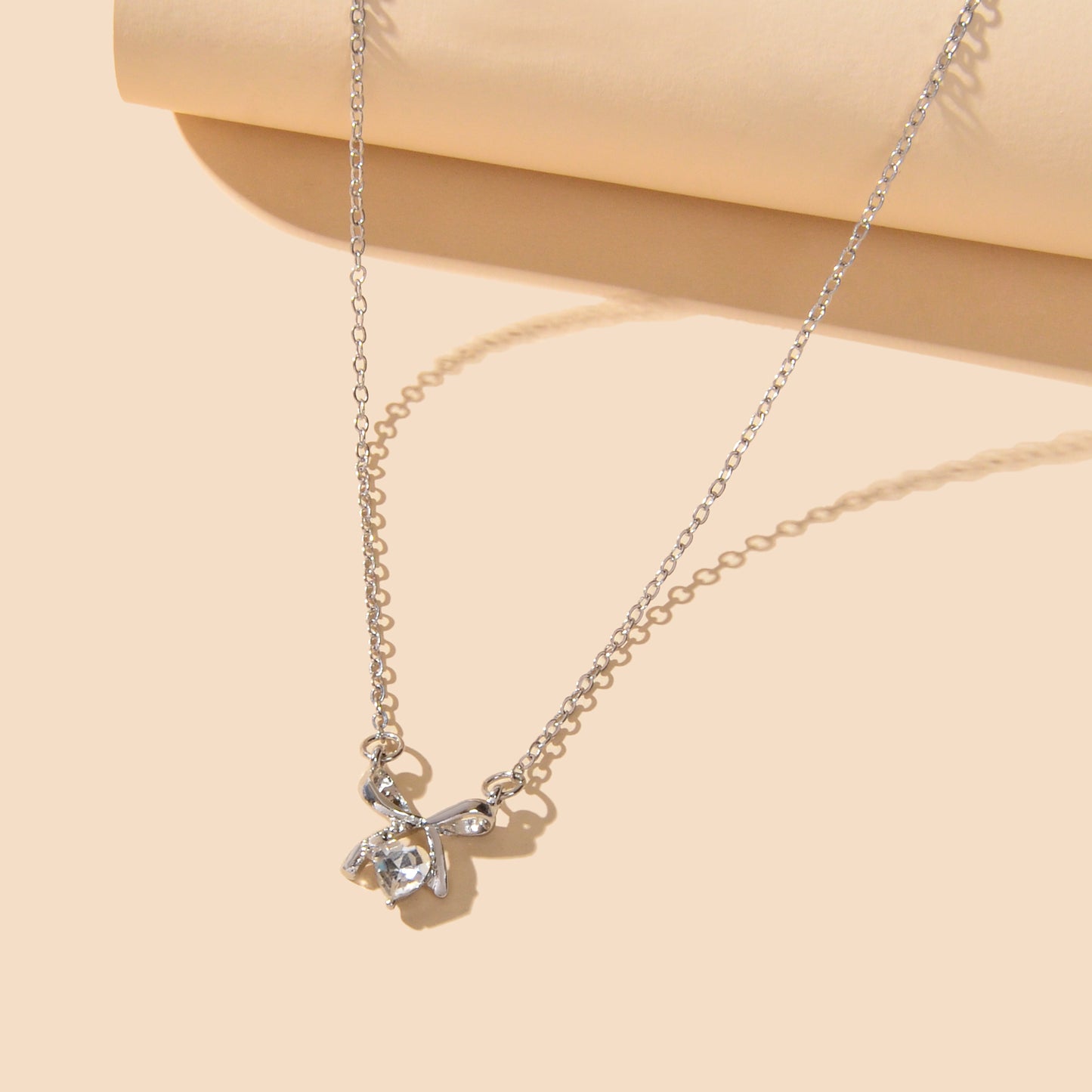 Wedding Bridal Jewelry Silver Bowknot Heart Rhinestone Charm Clavicle Necklace