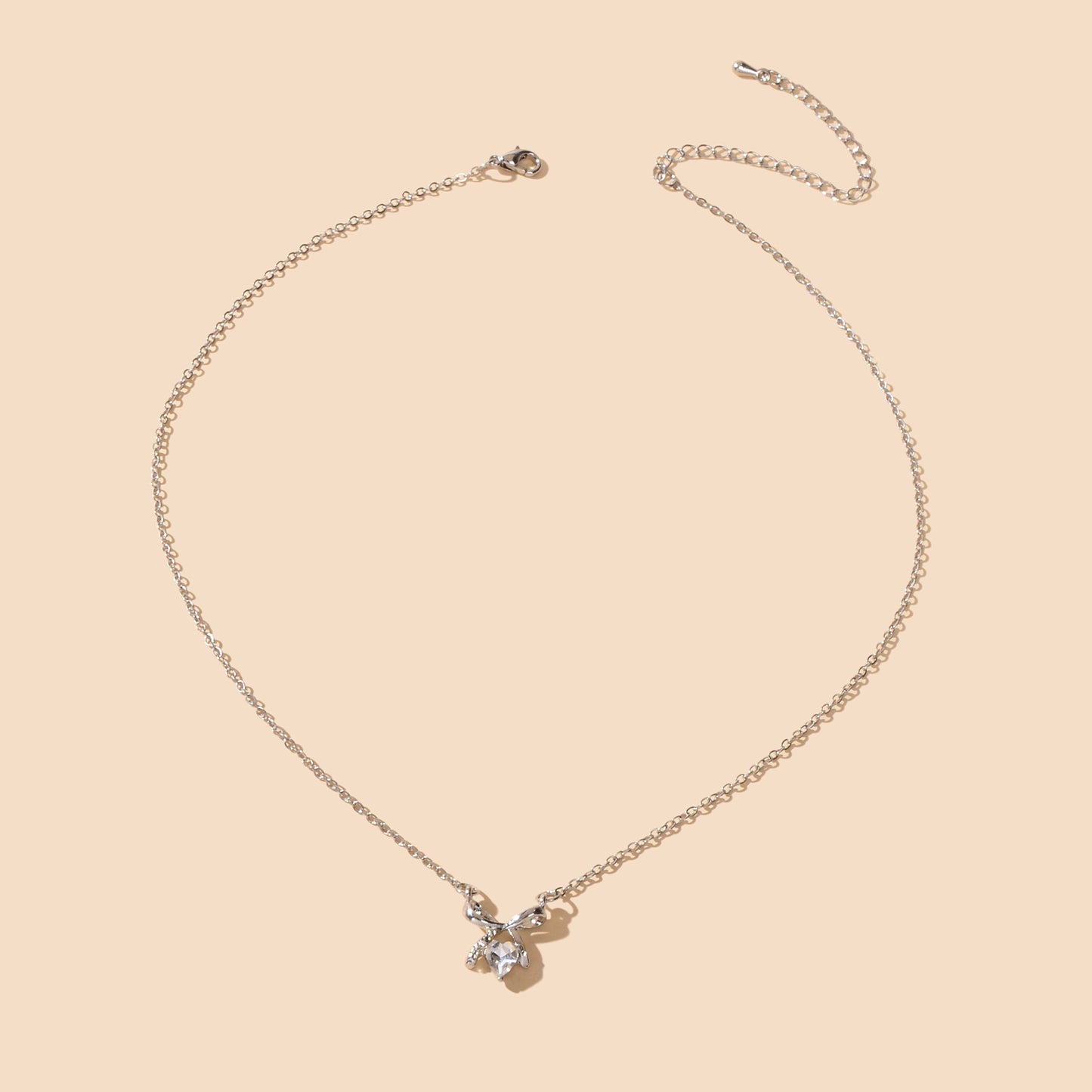 Wedding Bridal Jewelry Silver Bowknot Heart Rhinestone Charm Clavicle Necklace