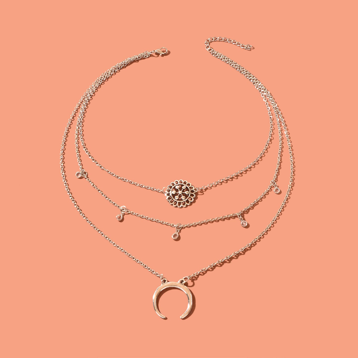 Boho Chic Antique Silvery Layered Chain Moon Flower Pendant Necklace Vacation Jewelry