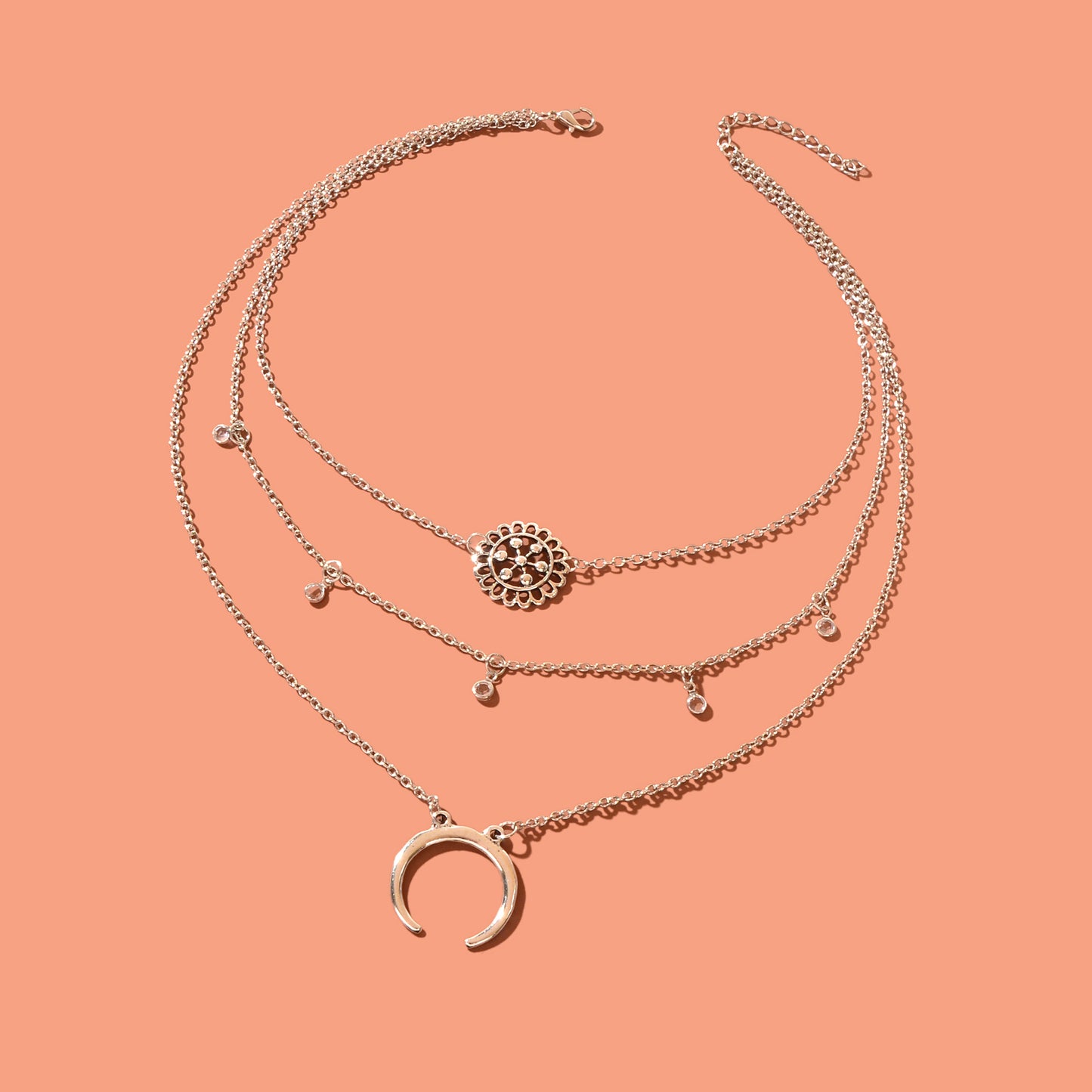 Boho Chic Antique Silvery Layered Chain Moon Flower Pendant Necklace Vacation Jewelry