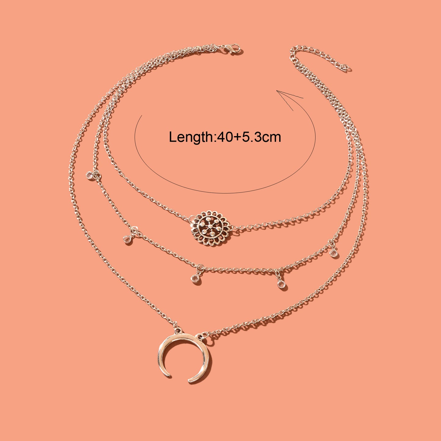 Boho Chic Antique Silvery Layered Chain Moon Flower Pendant Necklace Vacation Jewelry