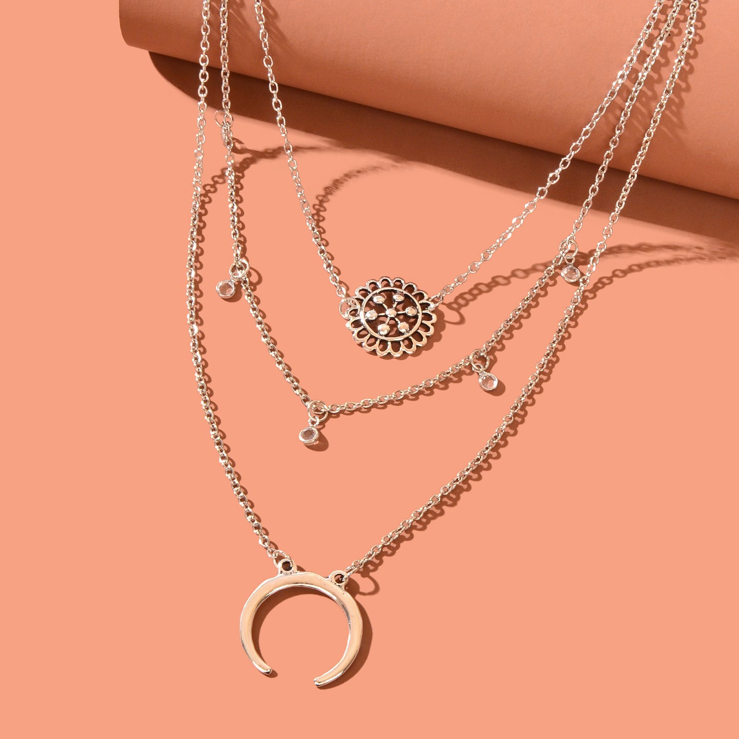 Boho Chic Antique Silvery Layered Chain Moon Flower Pendant Necklace Vacation Jewelry