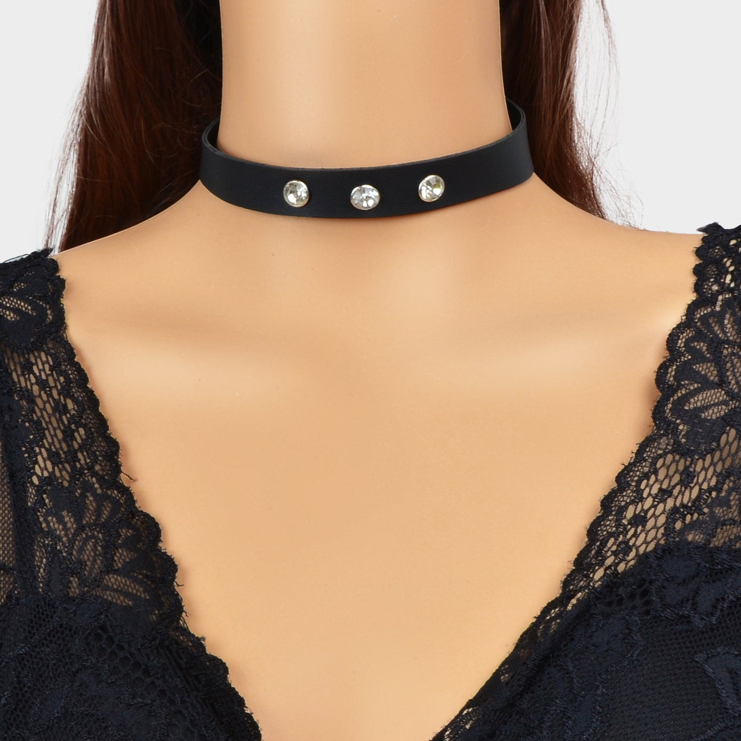 Punk Hip-hop Street Jewelry Black PU Leather Rhinestone Decor Collar Necklace