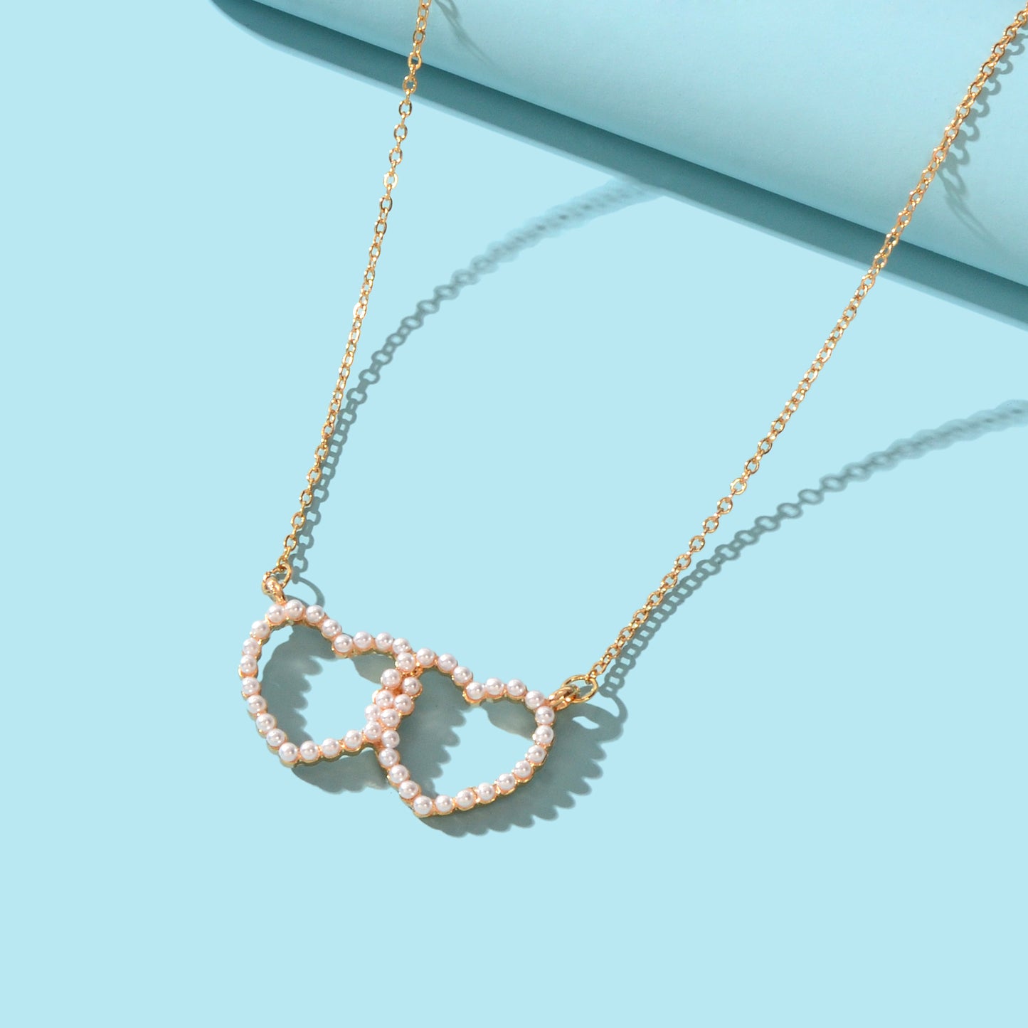 Elegant Gift Anniversary Jewellery Gold Chain Pearl Double Heart Charm Necklace