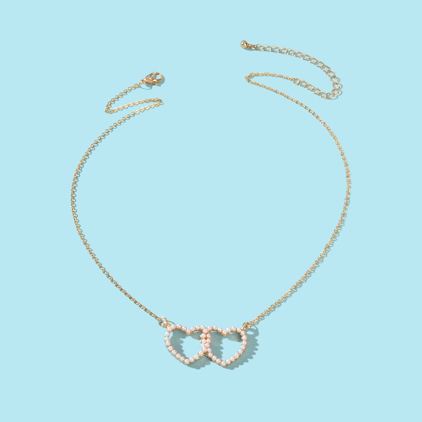 Elegant Gift Anniversary Jewellery Gold Chain Pearl Double Heart Charm Necklace