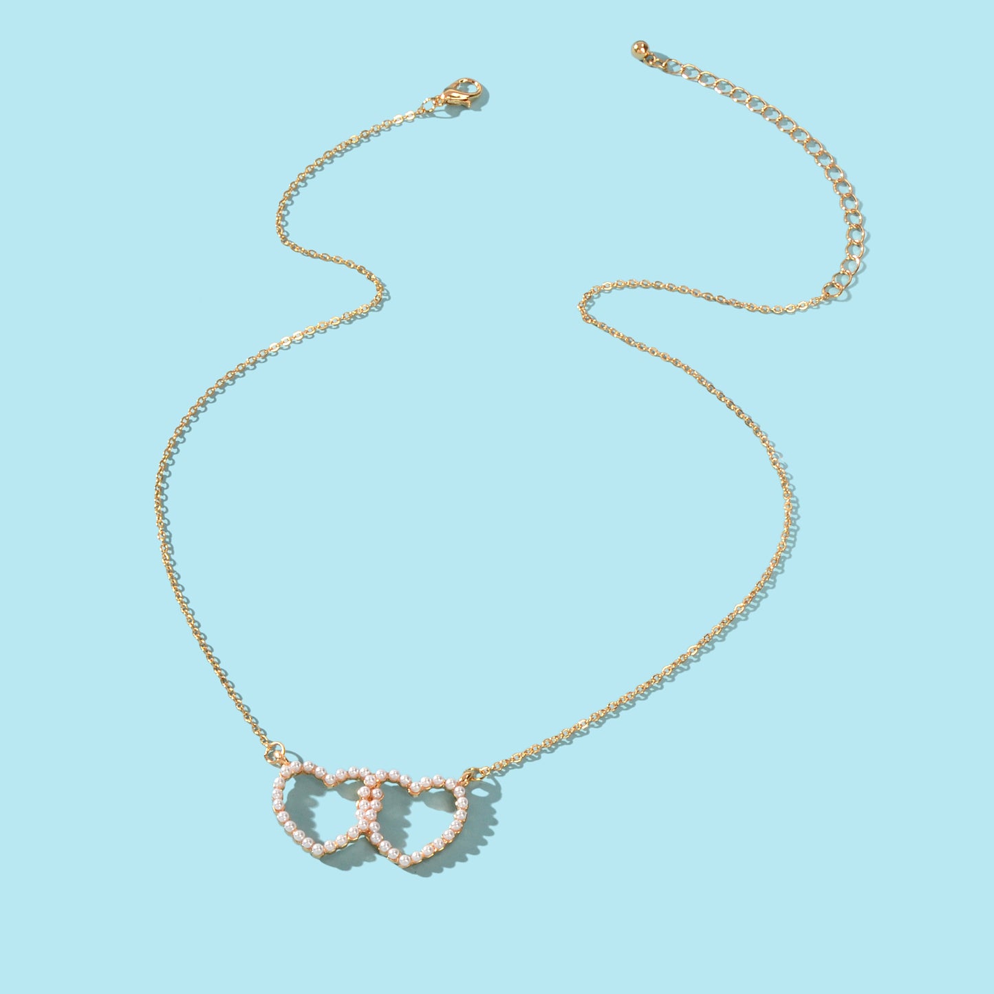 Elegant Gift Anniversary Jewellery Gold Chain Pearl Double Heart Charm Necklace