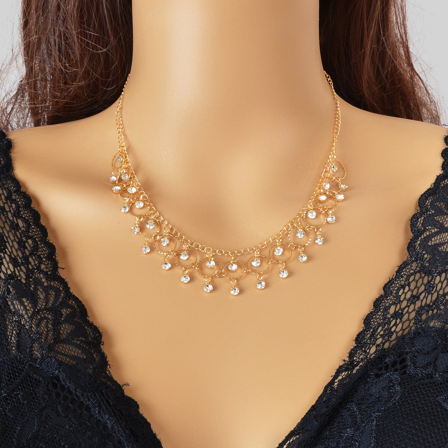 Stylish Party Prom Jewelry Rhinestone Charm Golden Chain Necklace for Women