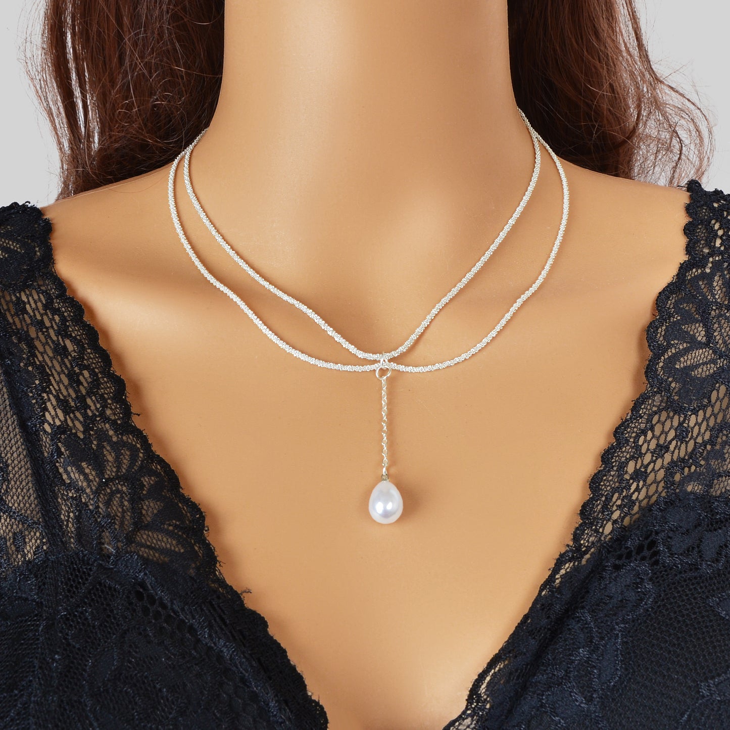Elegant Double Layer Silvery Chain Waterdrop Imitation Pearl Pendant Necklace Party Evening Accessory