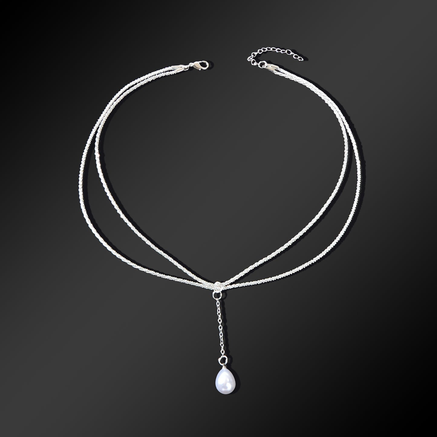 Elegant Double Layer Silvery Chain Waterdrop Imitation Pearl Pendant Necklace Party Evening Accessory