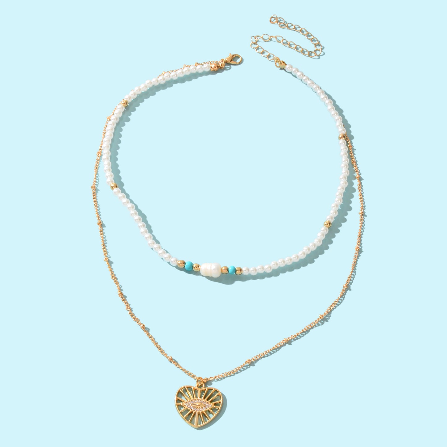 Boho Chic Layered Gold Pearl Beaded Chain Eye Hollow Gold Heart Pendant Necklace