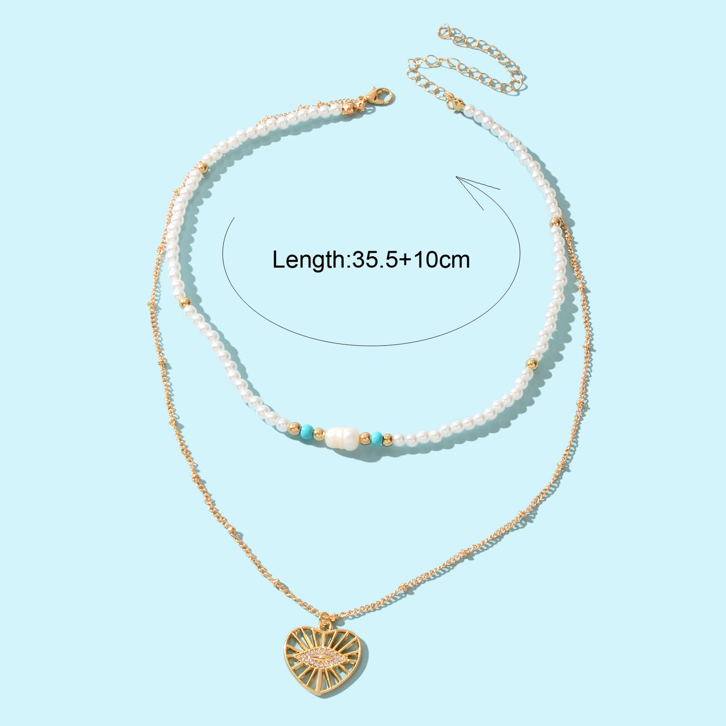 Boho Chic Layered Gold Pearl Beaded Chain Eye Hollow Gold Heart Pendant Necklace