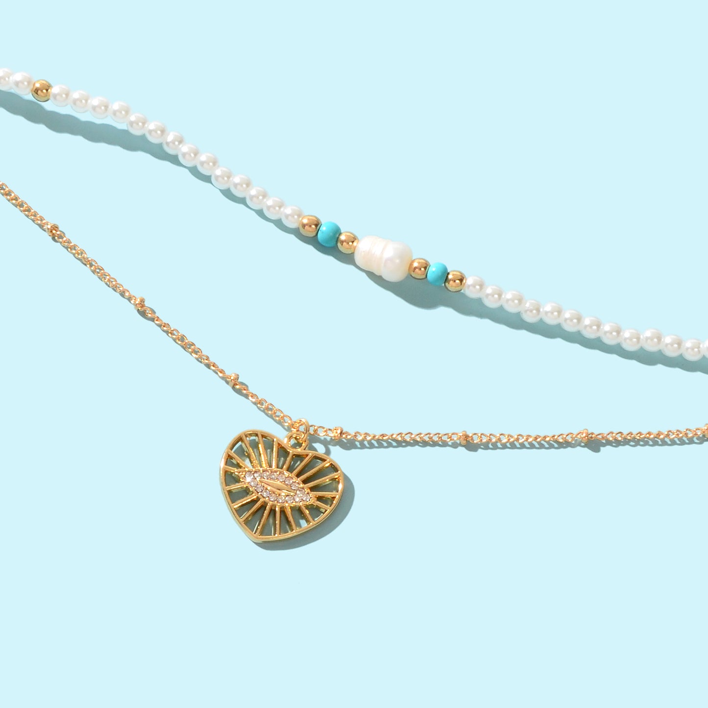 Boho Chic Layered Gold Pearl Beaded Chain Eye Hollow Gold Heart Pendant Necklace
