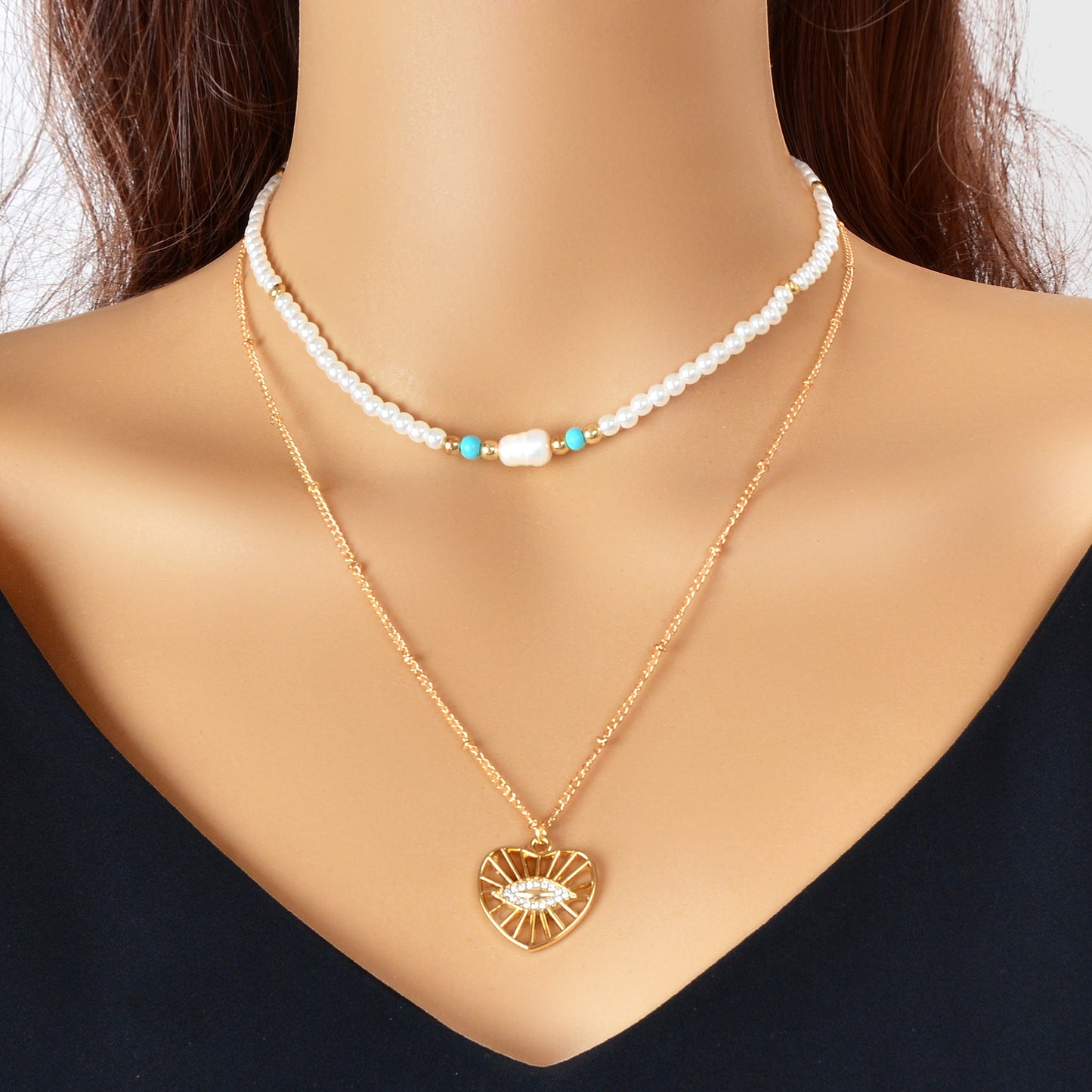 Boho Chic Layered Gold Pearl Beaded Chain Eye Hollow Gold Heart Pendant Necklace