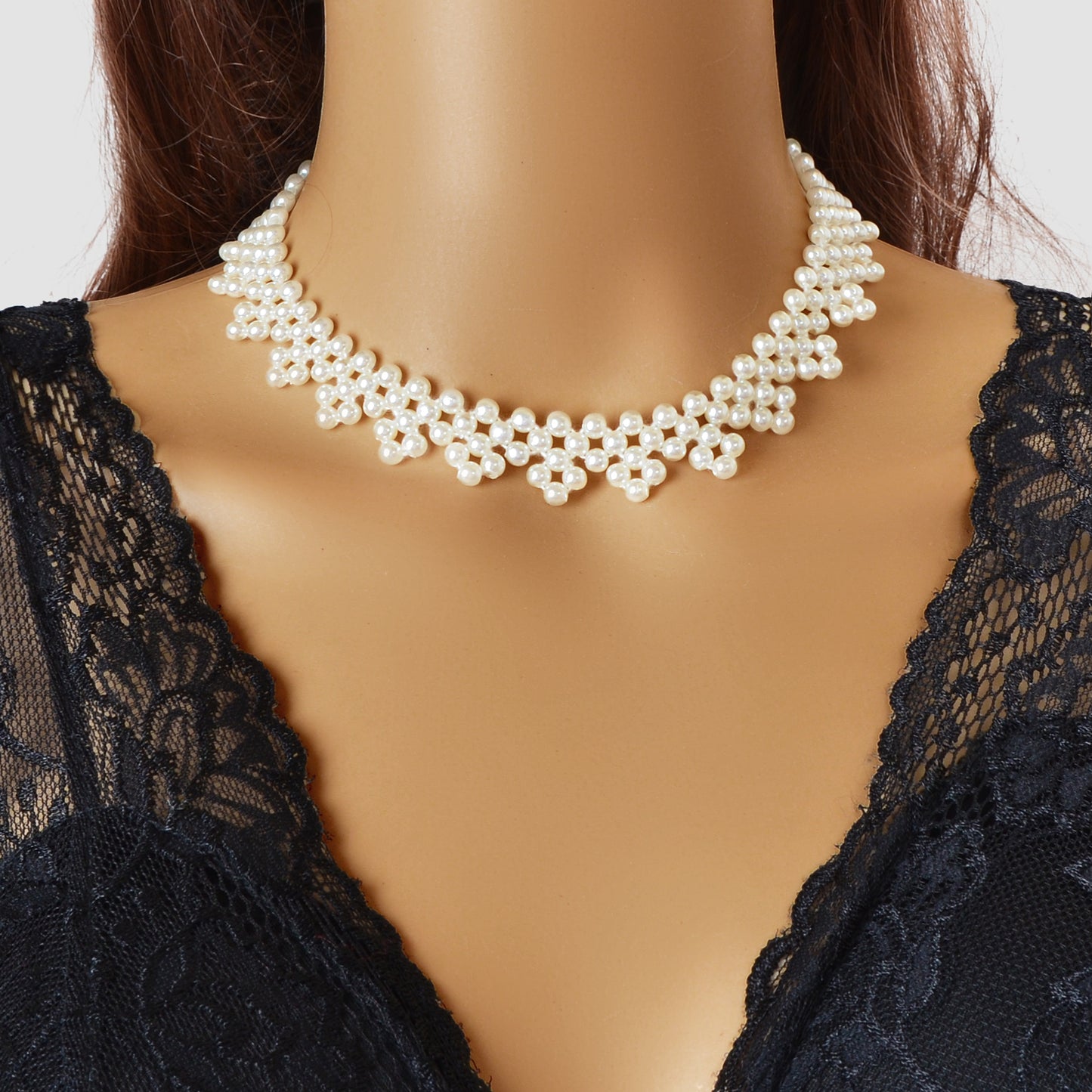 Elegant Vintage White Imitation Pearl Flower Woven Choker Necklace Weddings Dinner Party Jewelry