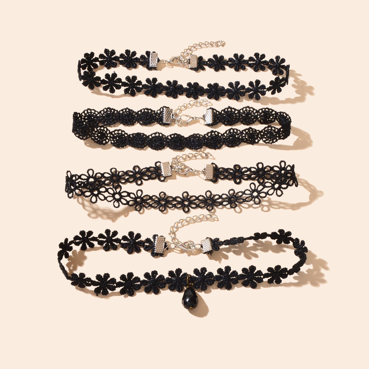 4 pcs/set Gothic Vintage Black Lace Flower Tattoo Choker Stretch Necklace set