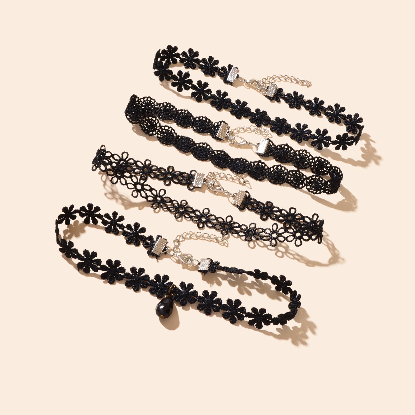 4 pcs/set Gothic Vintage Black Lace Flower Tattoo Choker Stretch Necklace set