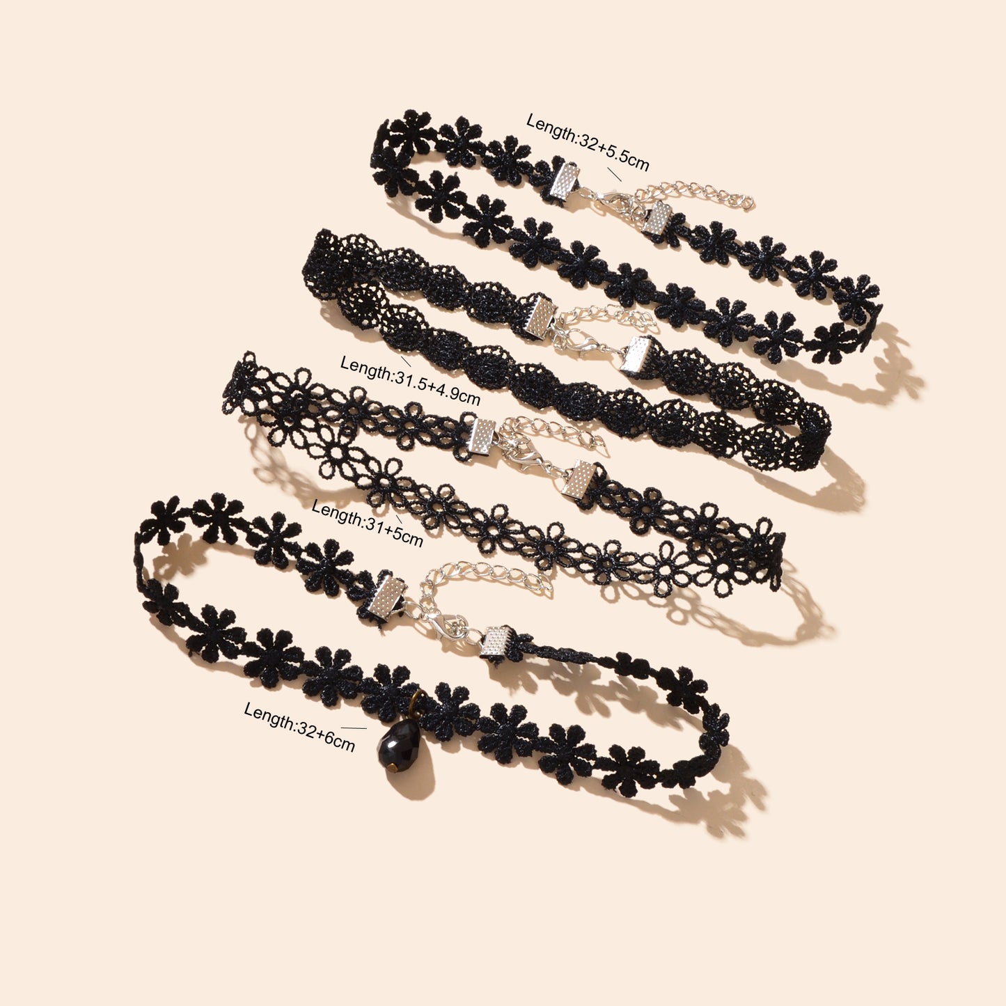 4 pcs/set Gothic Vintage Black Lace Flower Tattoo Choker Stretch Necklace set