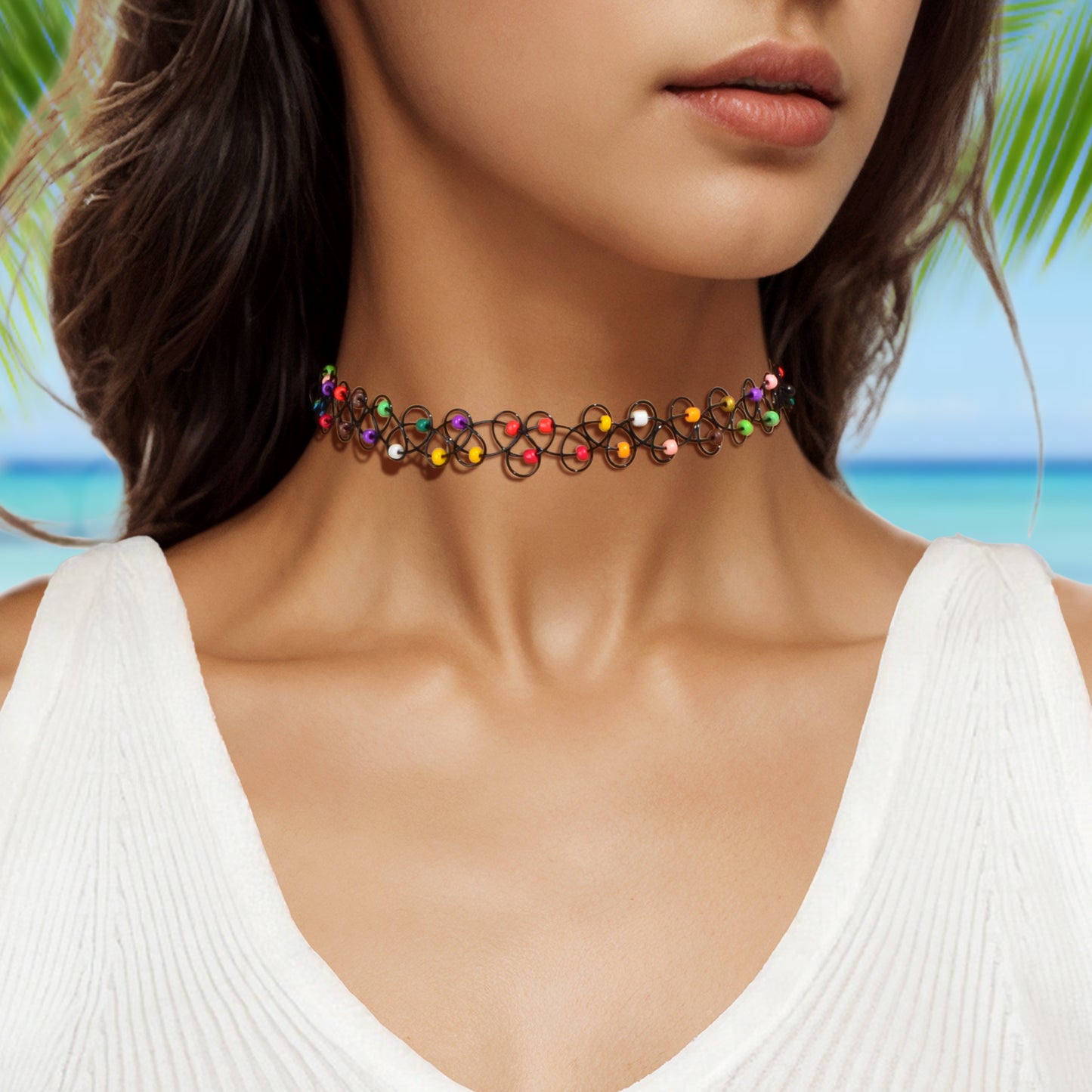 Gothic Colorful Seed Beads Black Rope Elastic Necklace Tattoo Choker Teen Collar