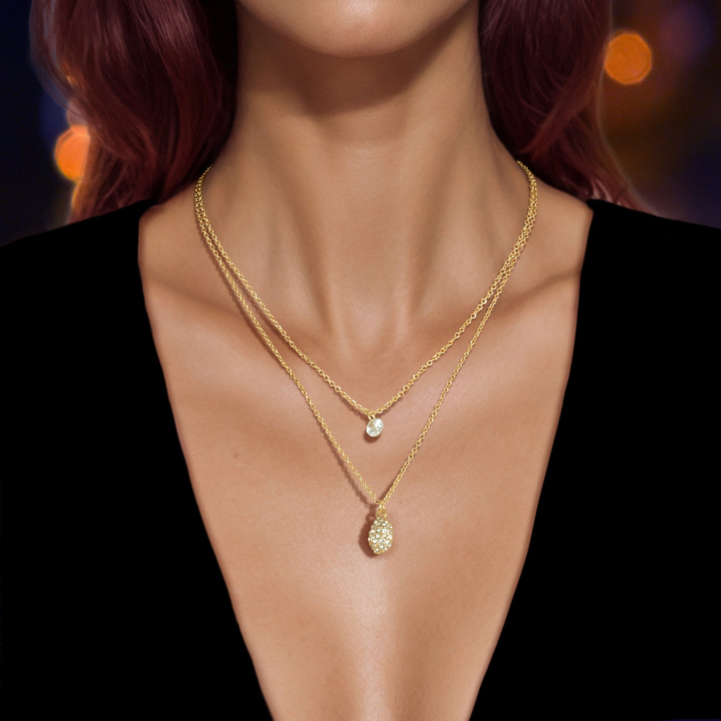 2 pcs Fashion Women Jewellery Rhinestone Decor Gold Chain Water Drop Necklace